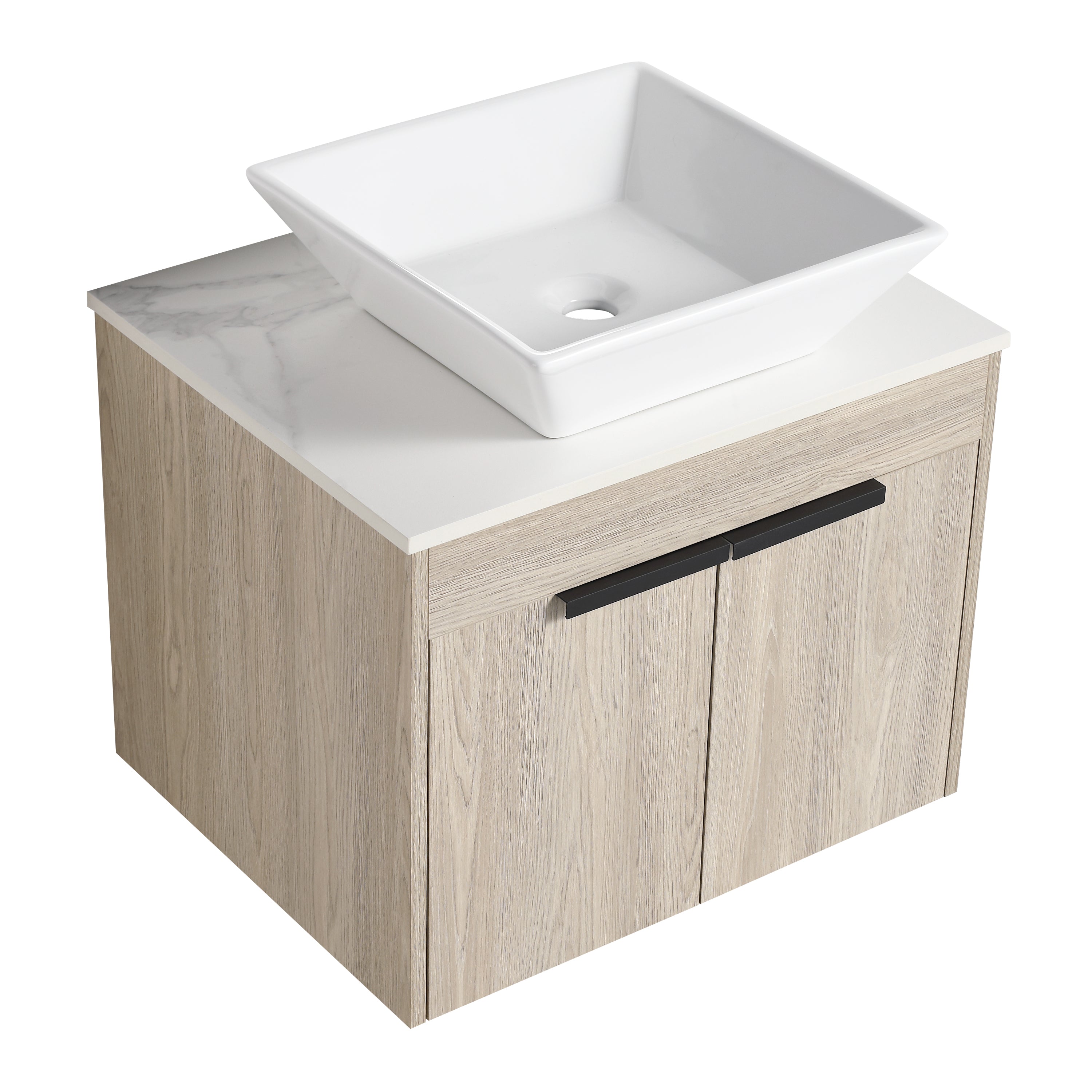 Wall-Mounted Bathroom Vanity in White Oak with White Ceramic Vessel Sink