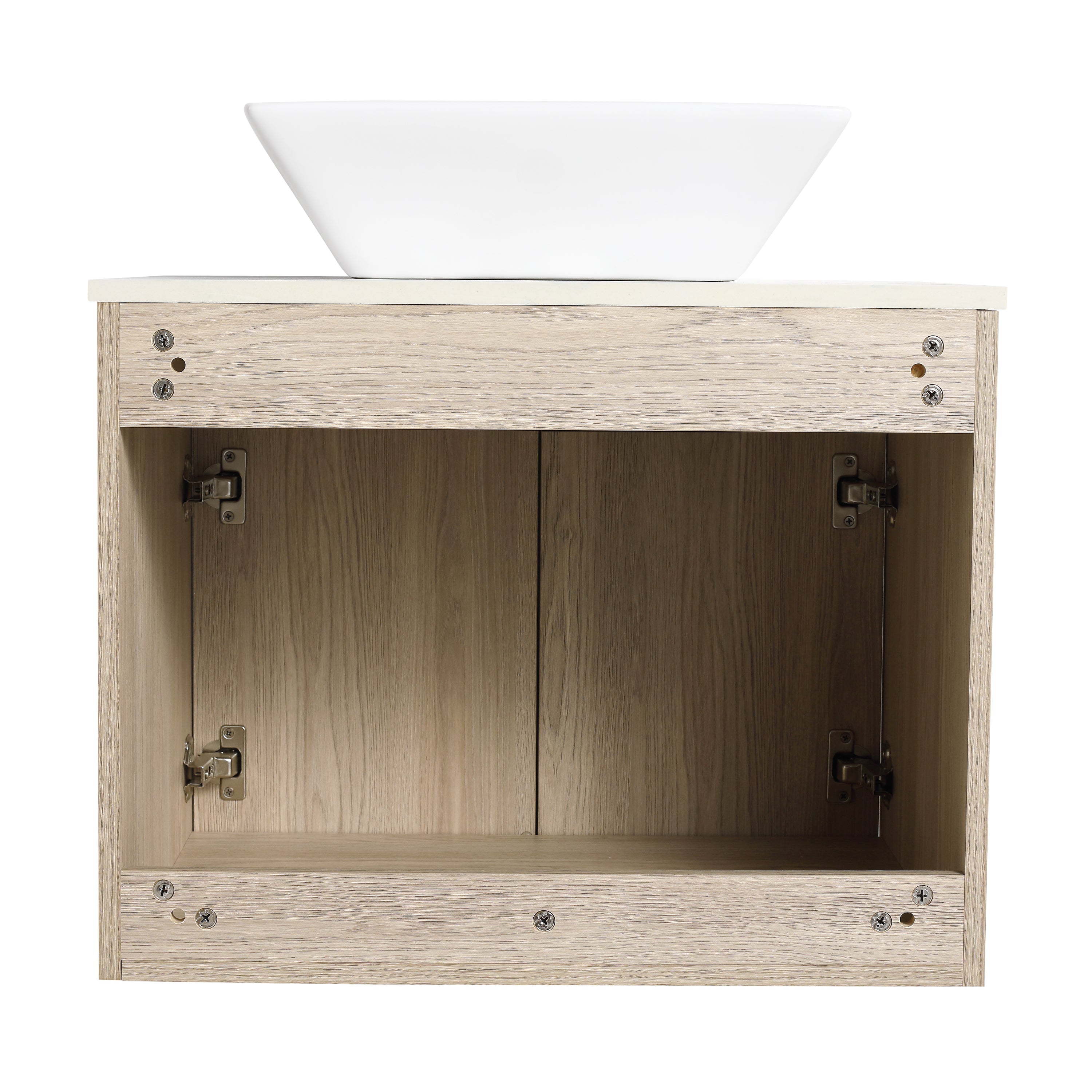 Wall-Mounted Bathroom Vanity in White Oak with White Ceramic Vessel Sink