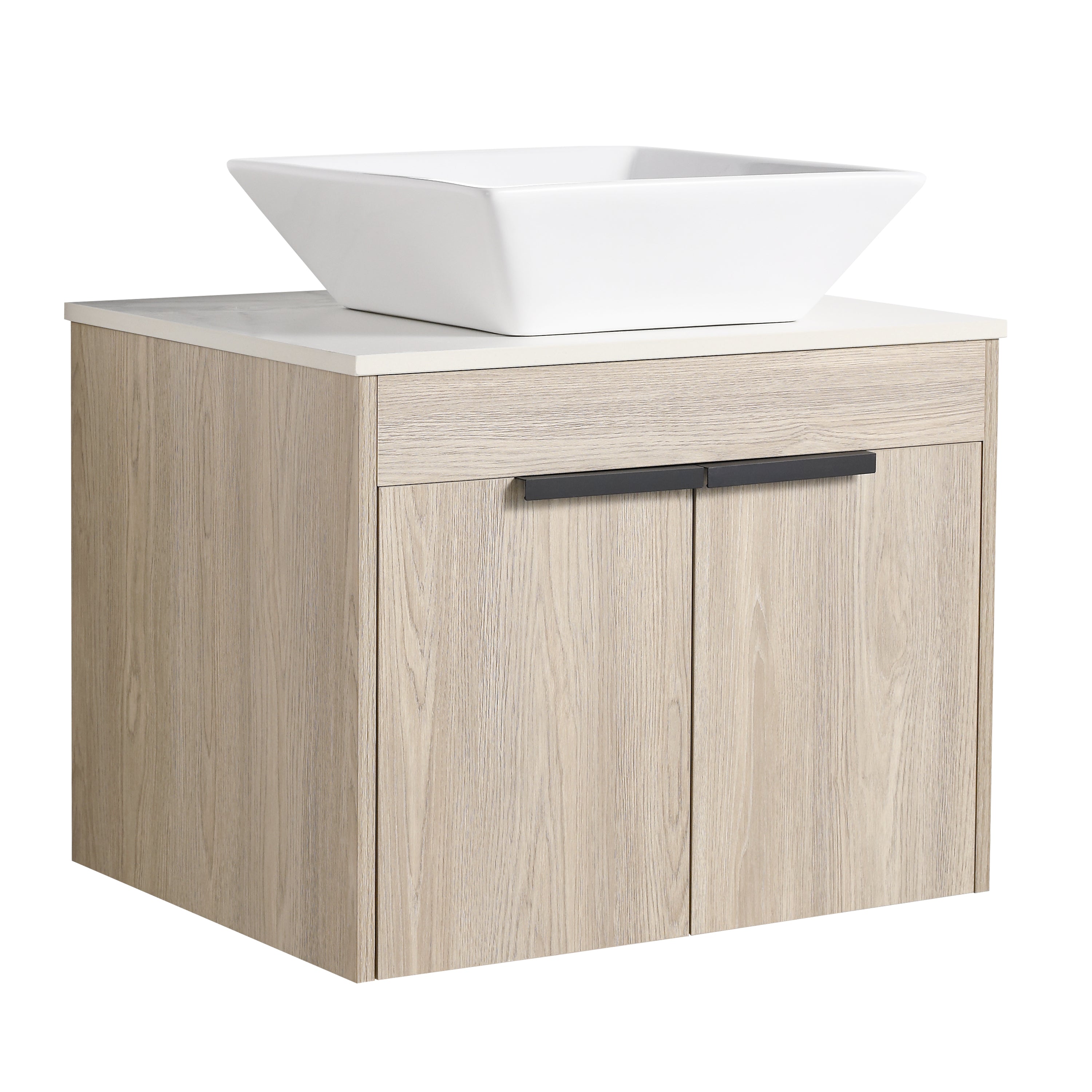 Wall-Mounted Bathroom Vanity in White Oak with White Ceramic Vessel Sink