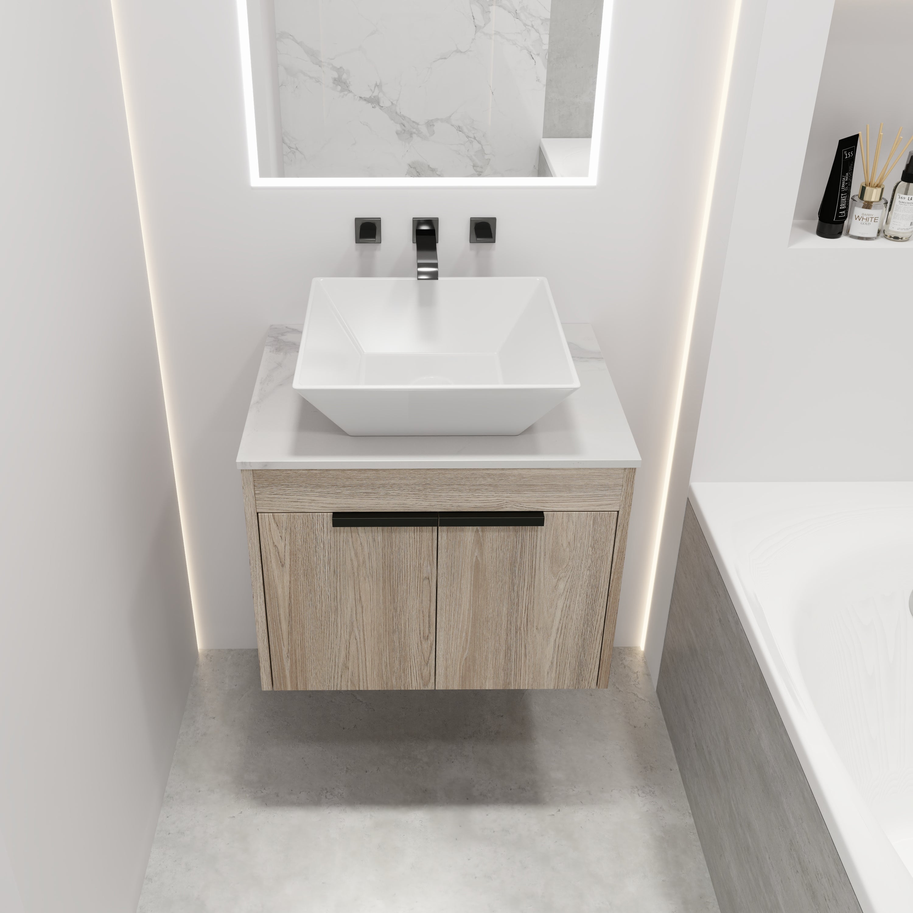 Wall-Mounted Bathroom Vanity in White Oak with White Ceramic Vessel Sink