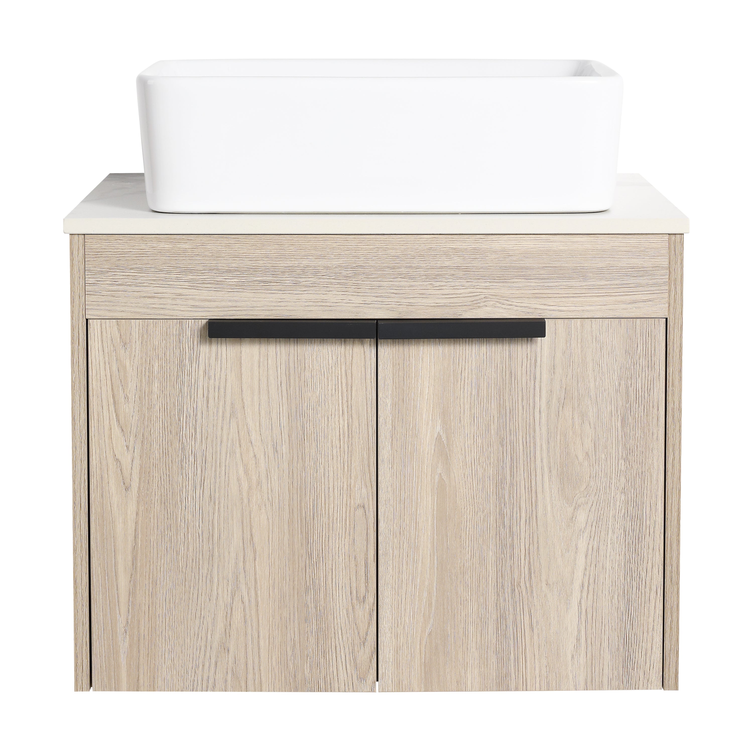 Wall-Mounted Bathroom Vanity in White Oak with White Ceramic Vessel Sink