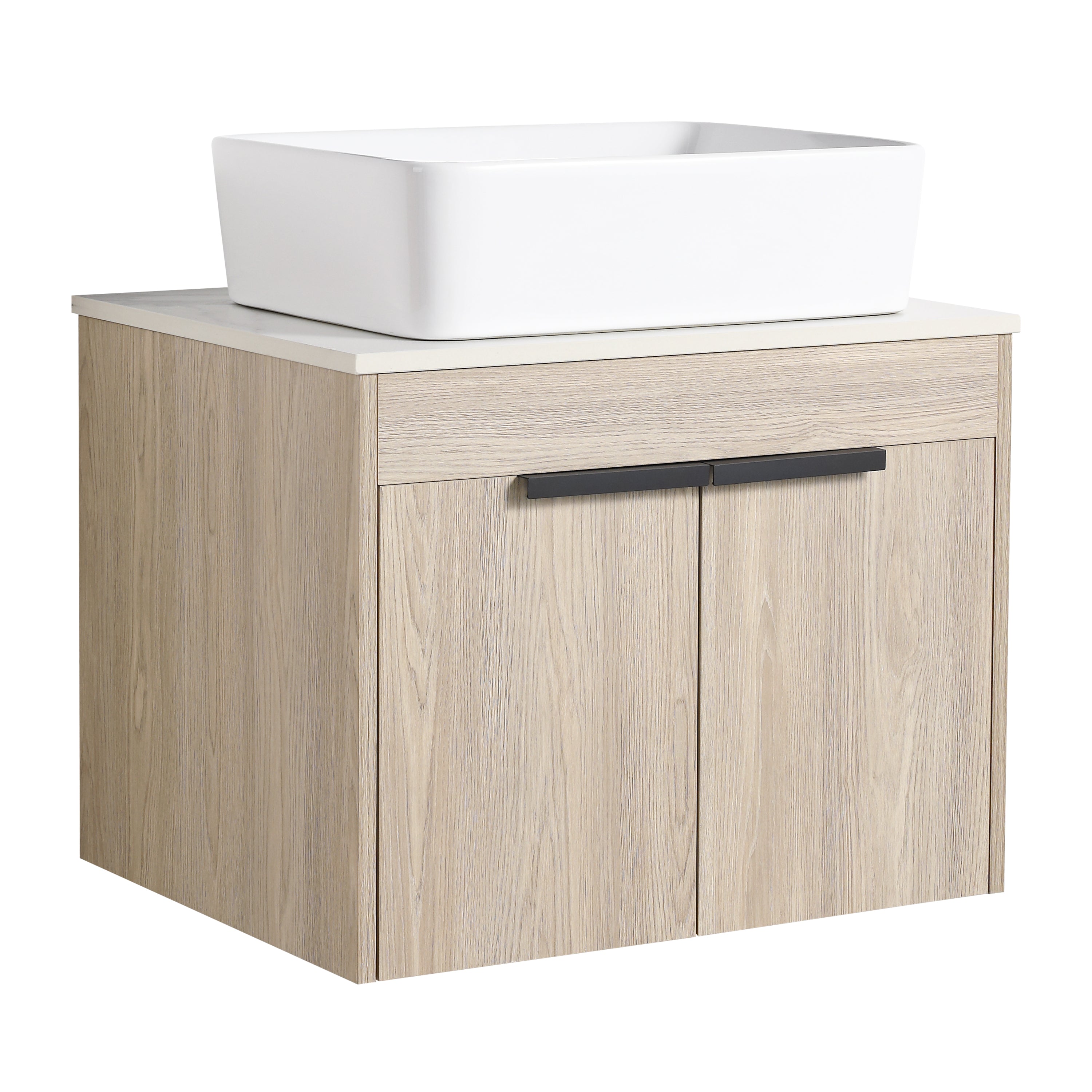 Wall-Mounted Bathroom Vanity in White Oak with White Ceramic Vessel Sink