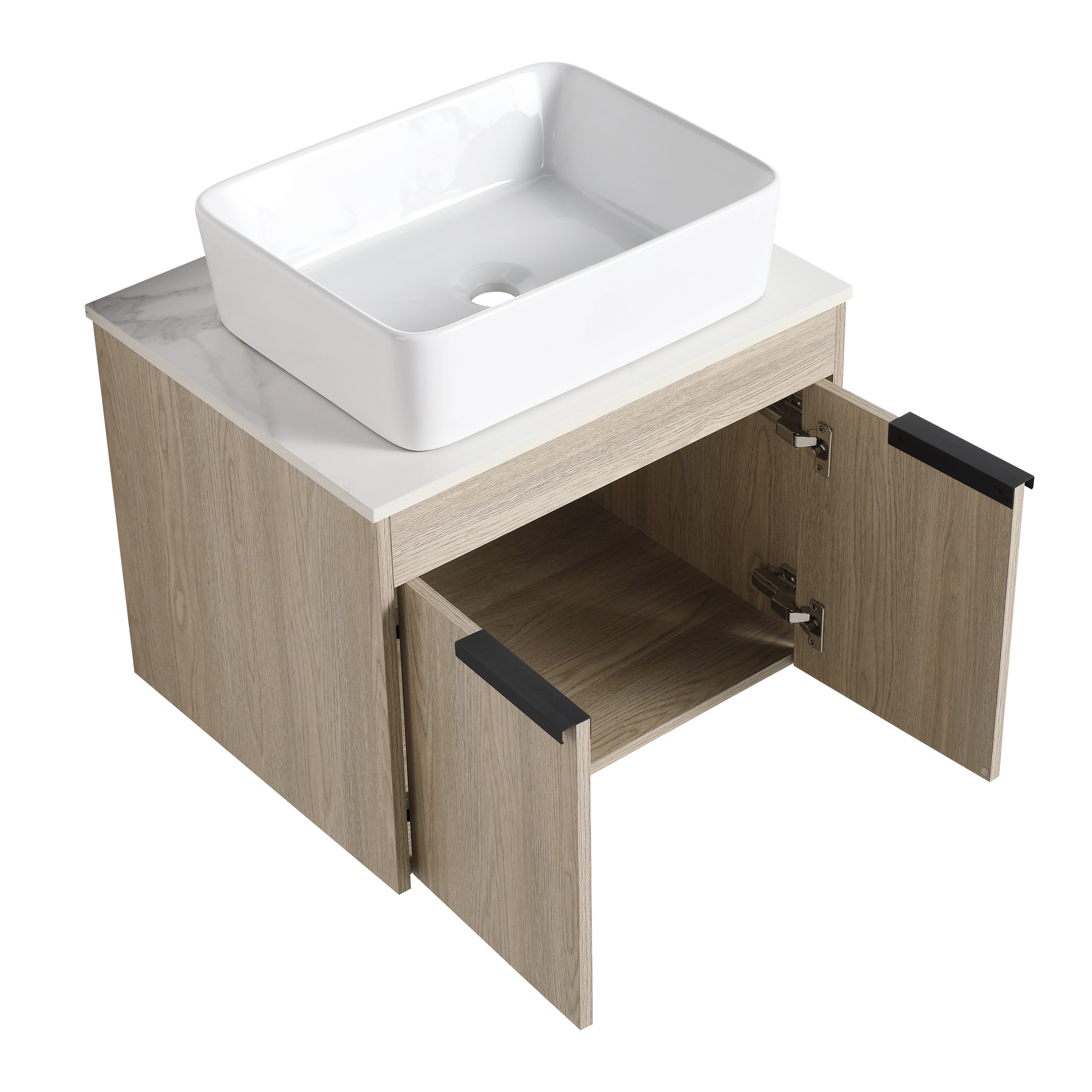 Wall-Mounted Bathroom Vanity in White Oak with White Ceramic Vessel Sink