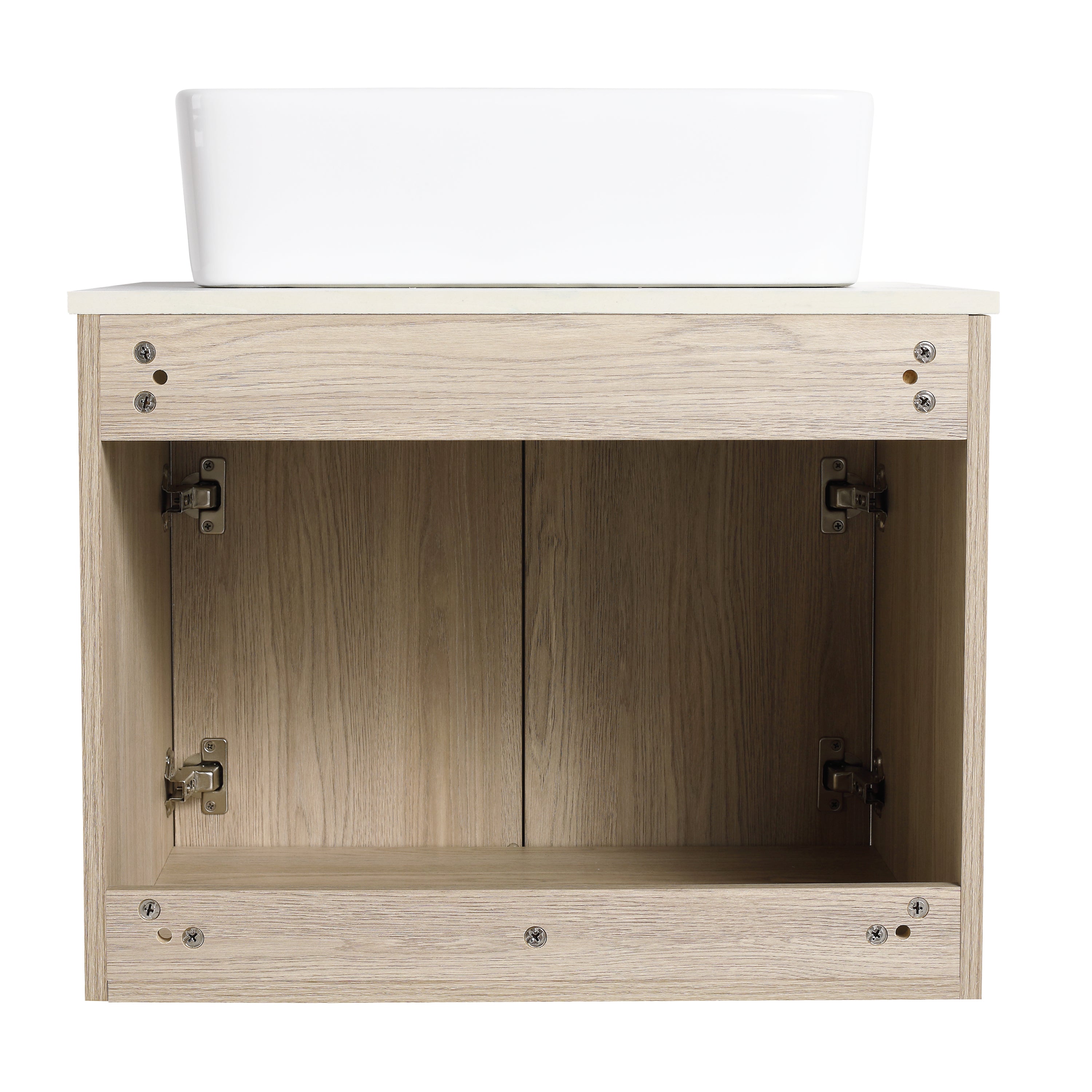 Wall-Mounted Bathroom Vanity in White Oak with White Ceramic Vessel Sink