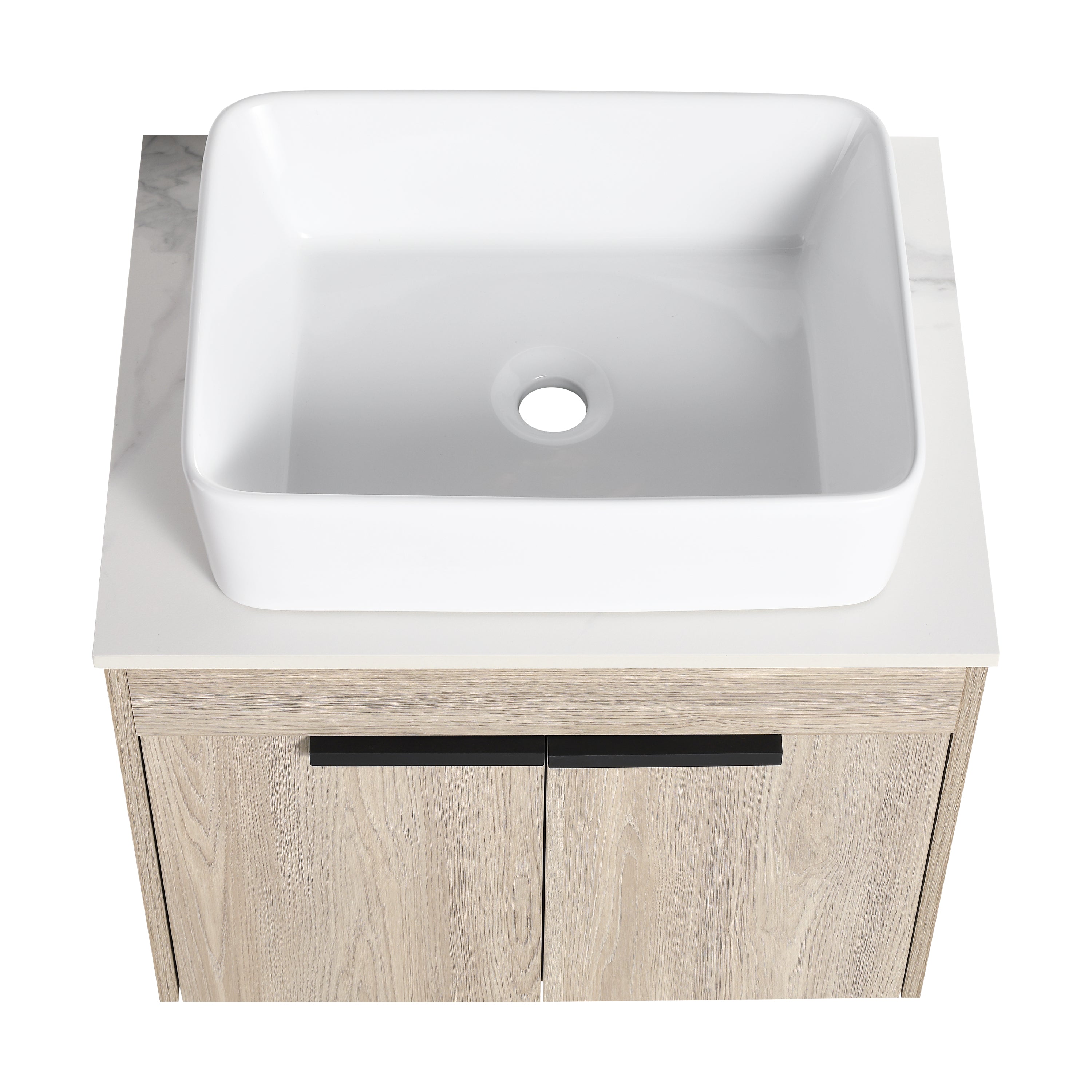 Wall-Mounted Bathroom Vanity in White Oak with White Ceramic Vessel Sink