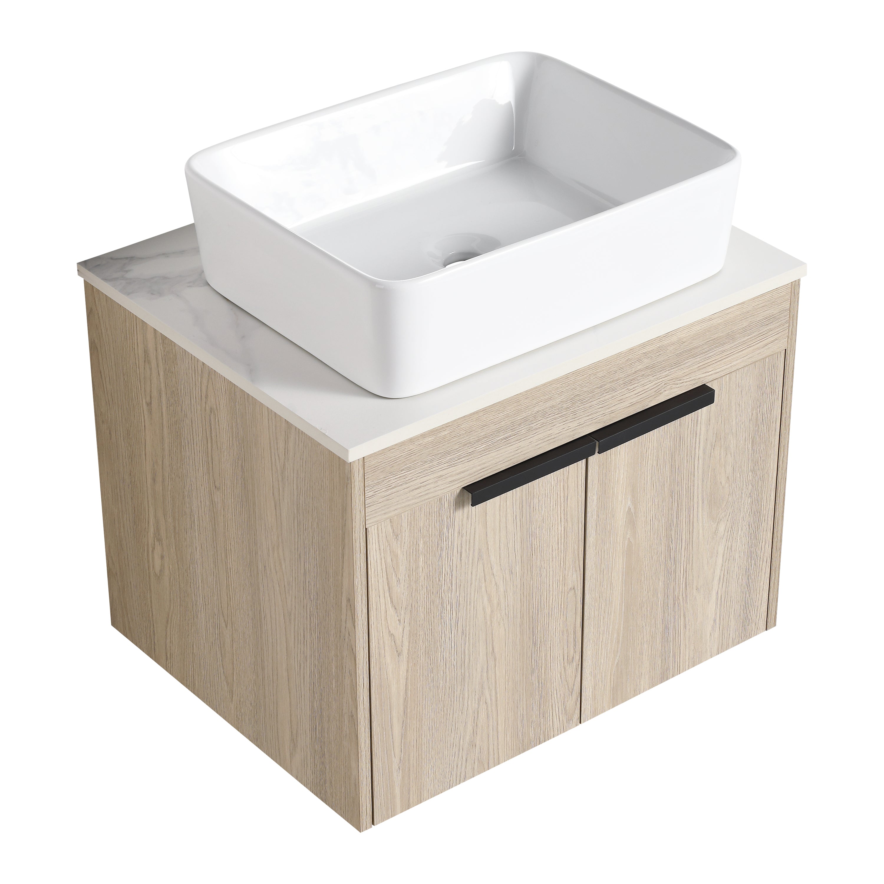 Wall-Mounted Bathroom Vanity in White Oak with White Ceramic Vessel Sink