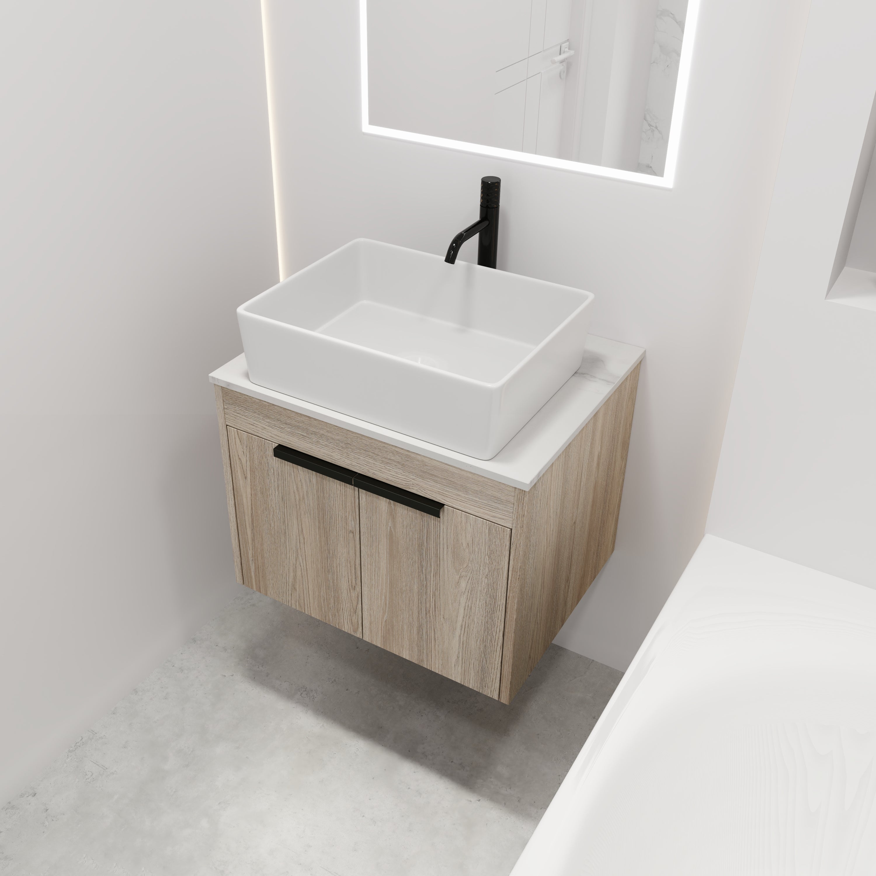 Wall-Mounted Bathroom Vanity in White Oak with White Ceramic Vessel Sink