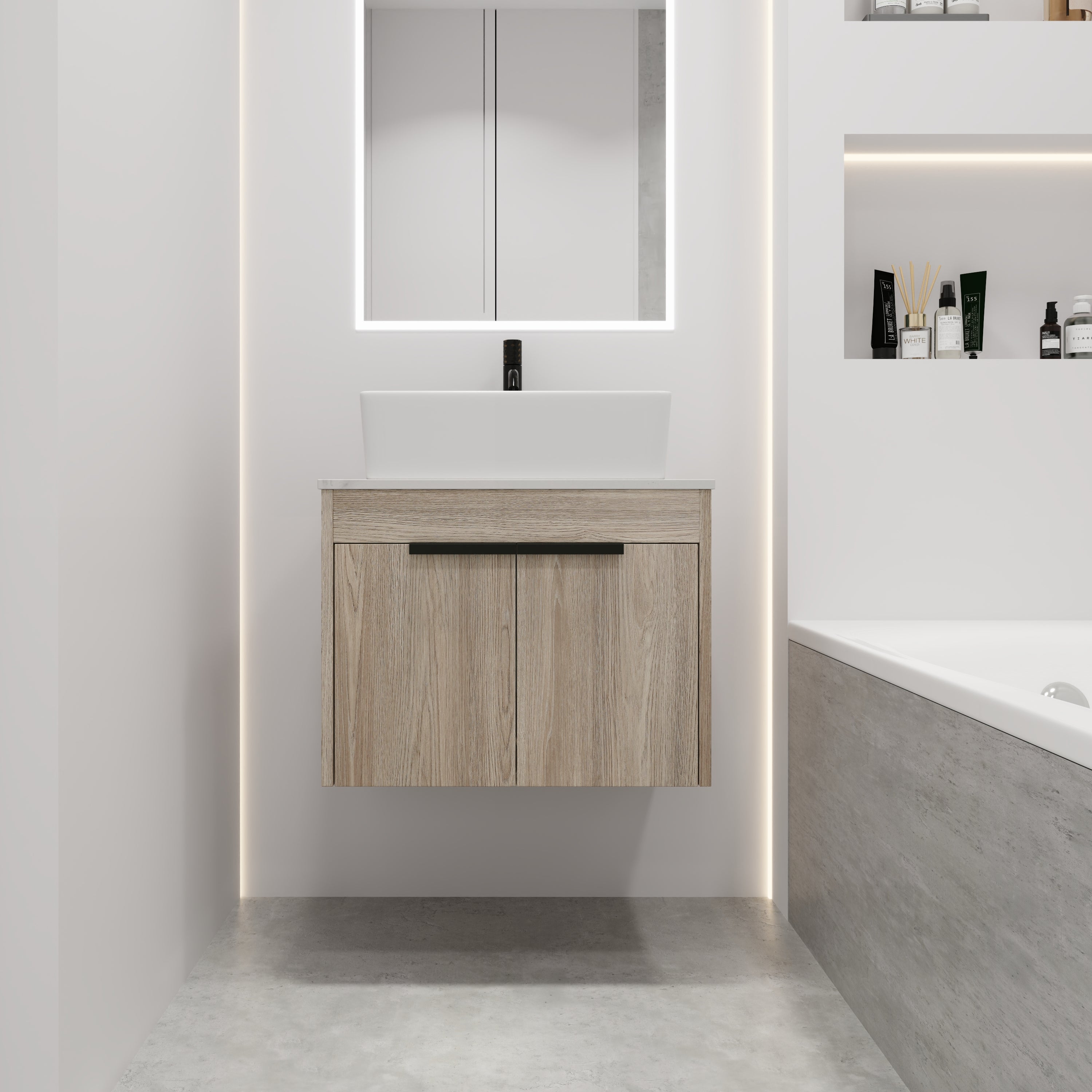 Wall-Mounted Bathroom Vanity in White Oak with White Ceramic Vessel Sink