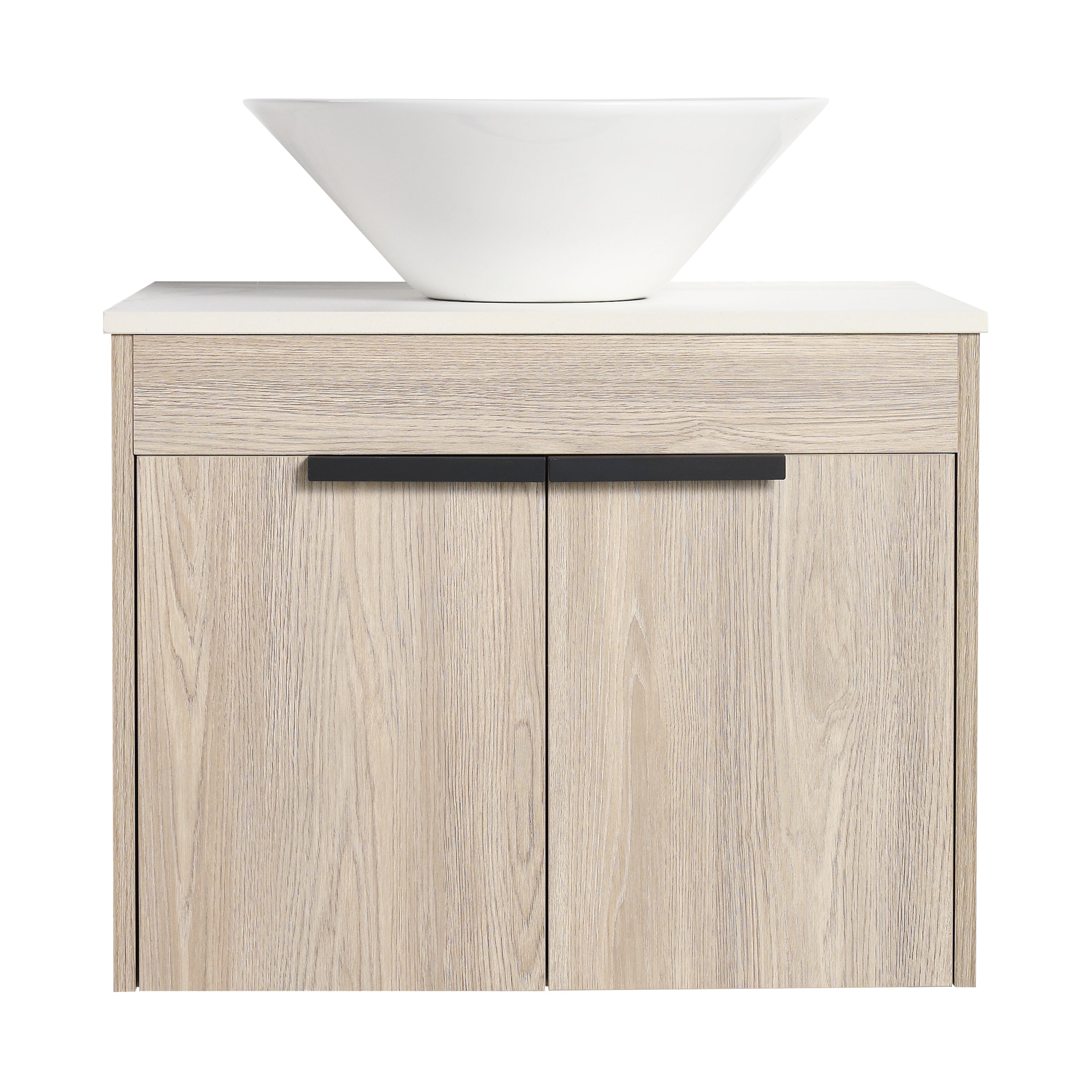 Wall-Mounted Bathroom Vanity in White Oak with White Ceramic Vessel Sink