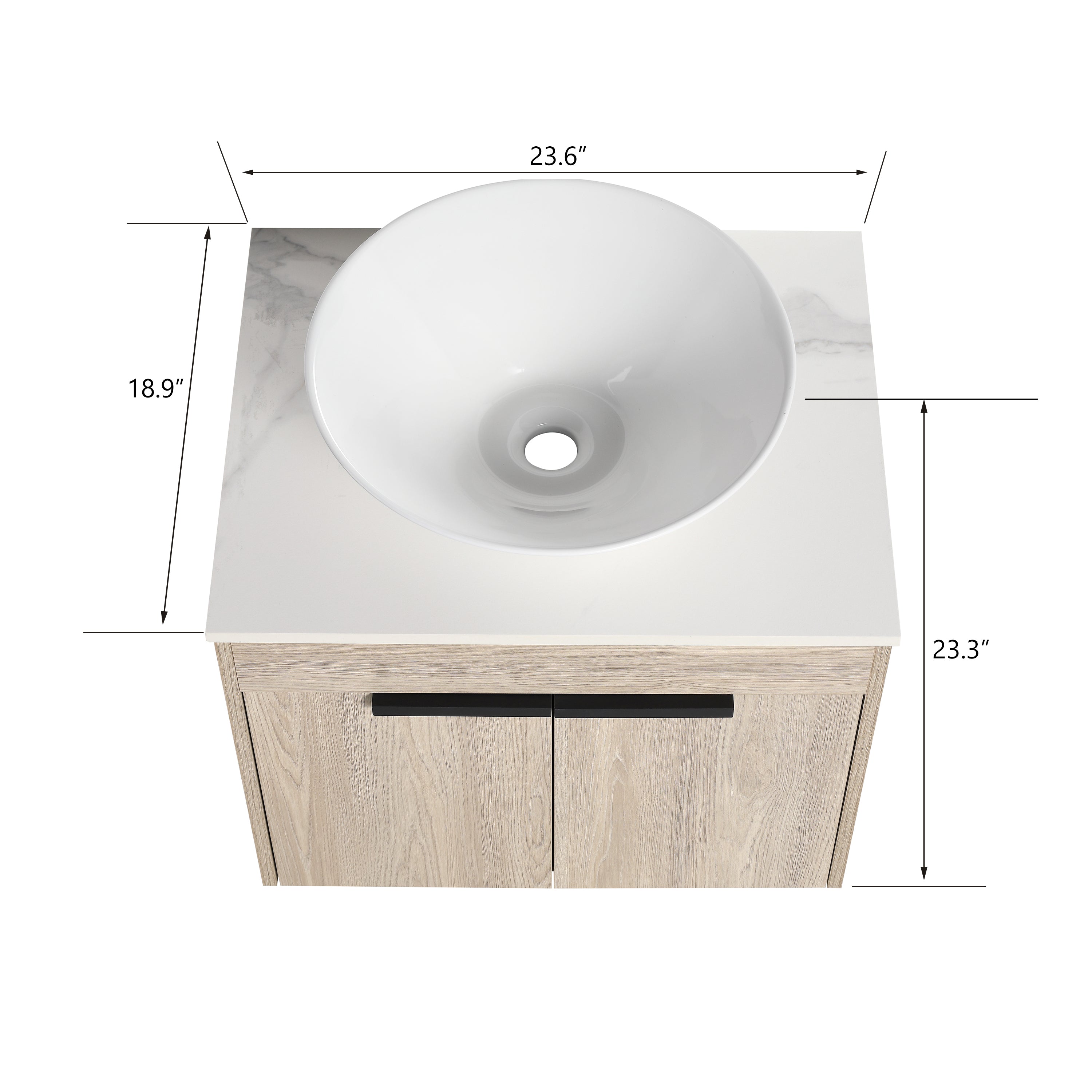 Wall-Mounted Bathroom Vanity in White Oak with White Ceramic Vessel Sink