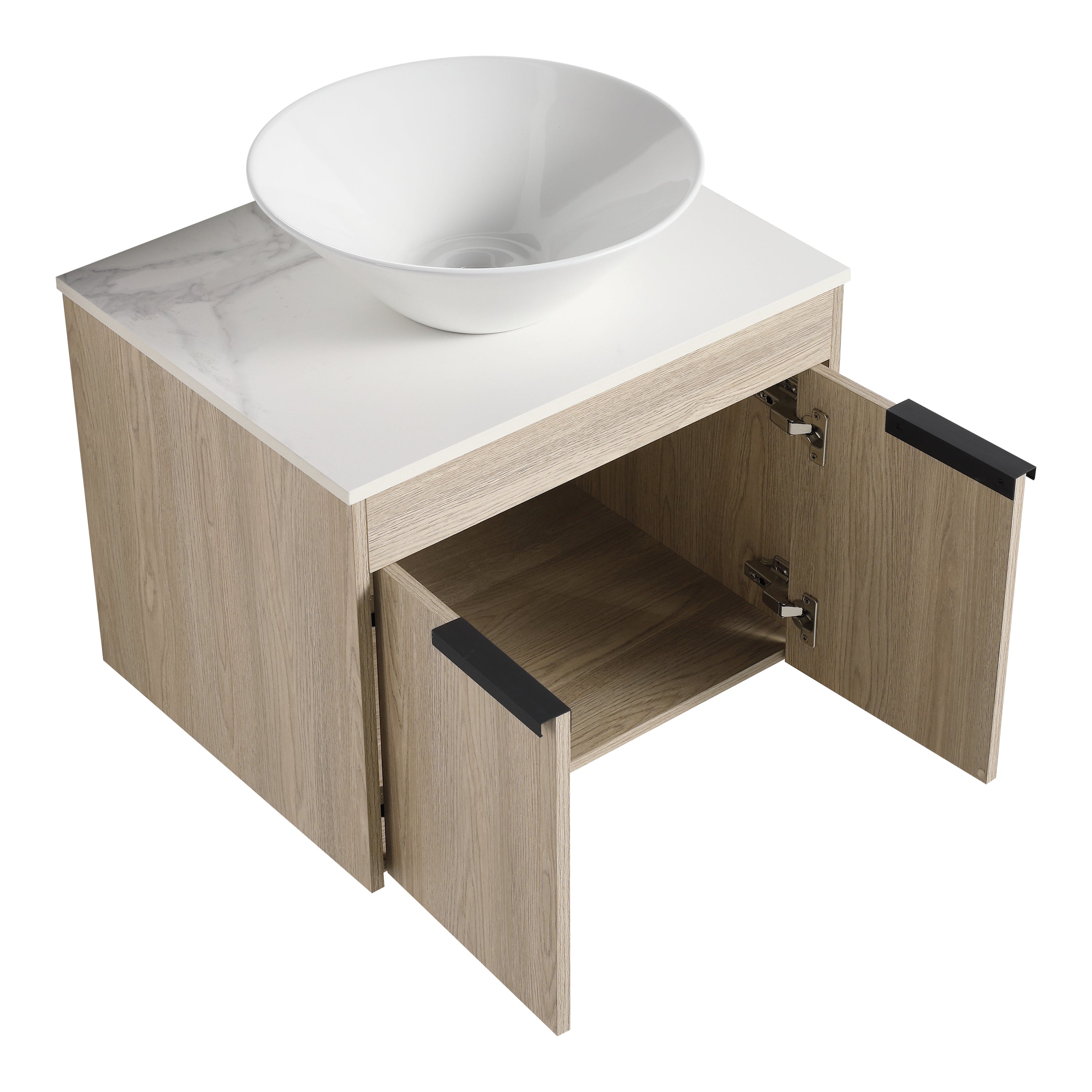 Wall-Mounted Bathroom Vanity in White Oak with White Ceramic Vessel Sink