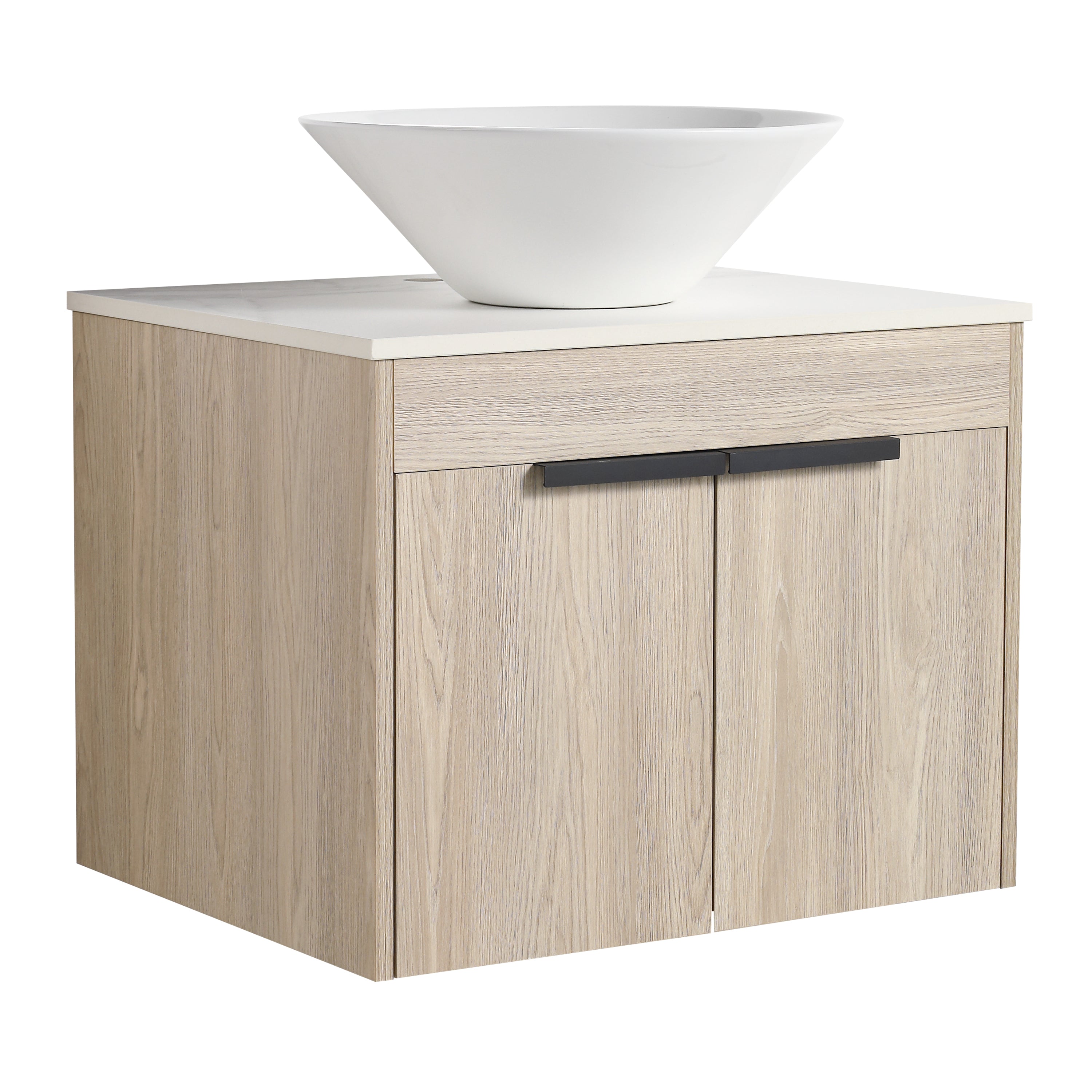 Wall-Mounted Bathroom Vanity in White Oak with White Ceramic Vessel Sink