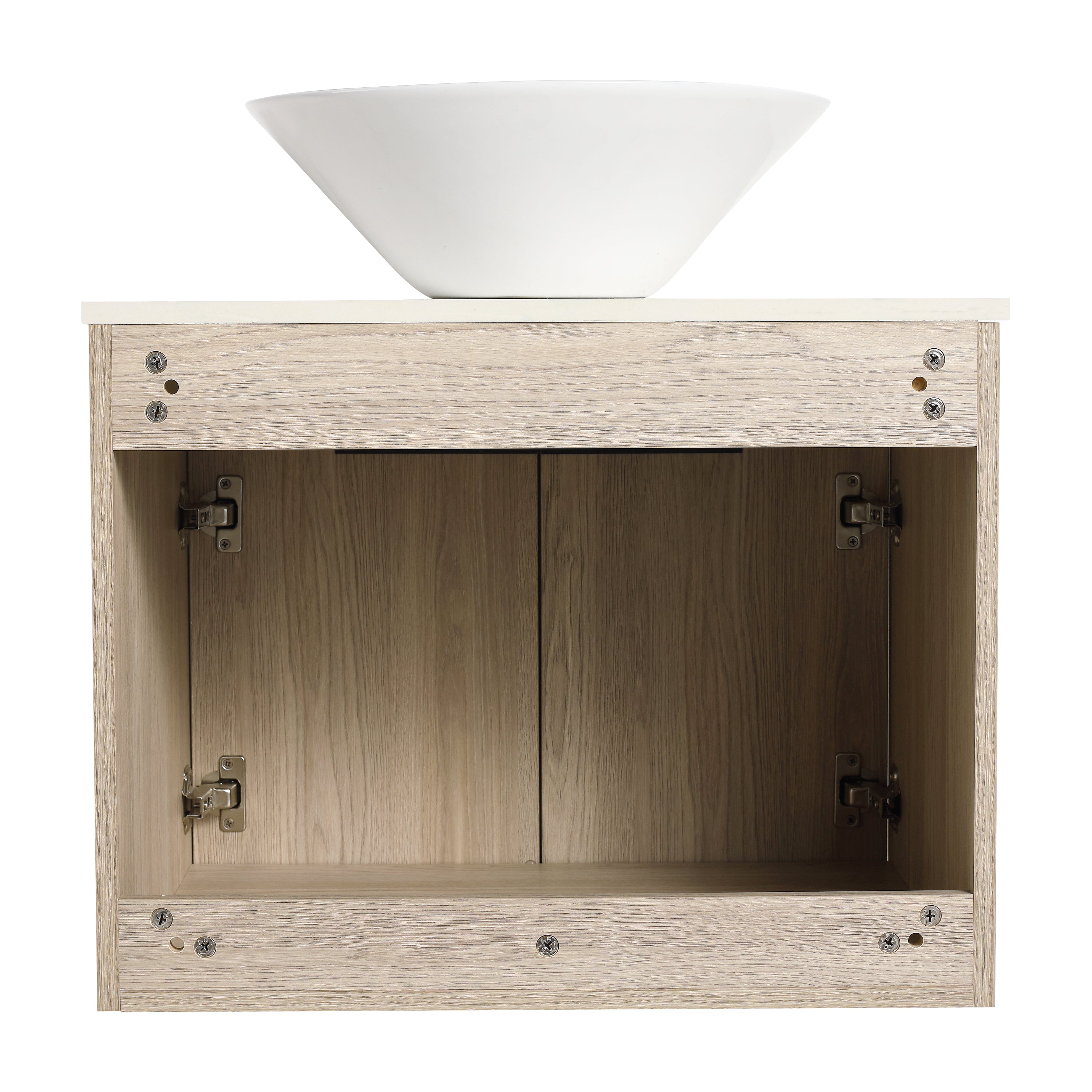 Wall-Mounted Bathroom Vanity in White Oak with White Ceramic Vessel Sink