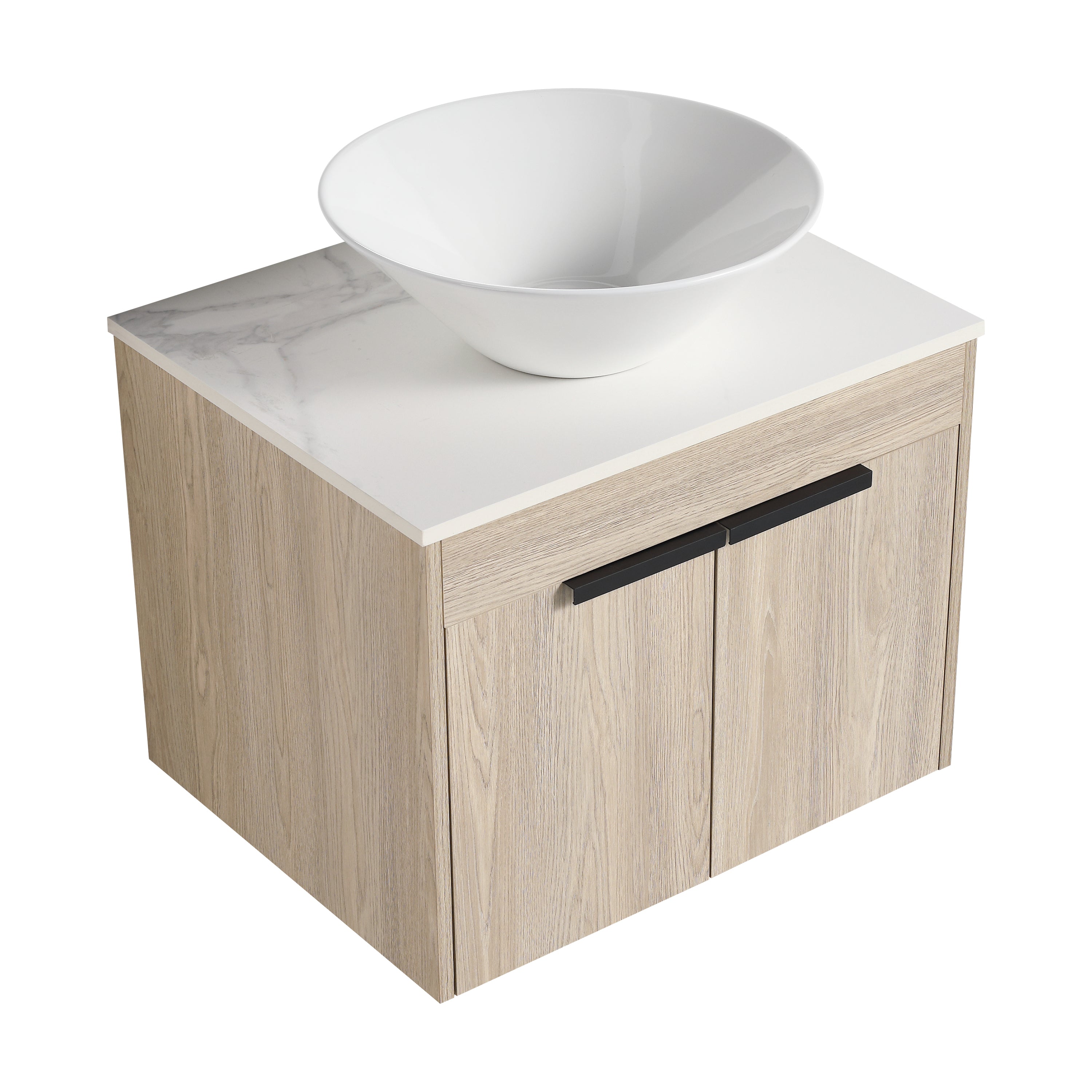 Wall-Mounted Bathroom Vanity in White Oak with White Ceramic Vessel Sink