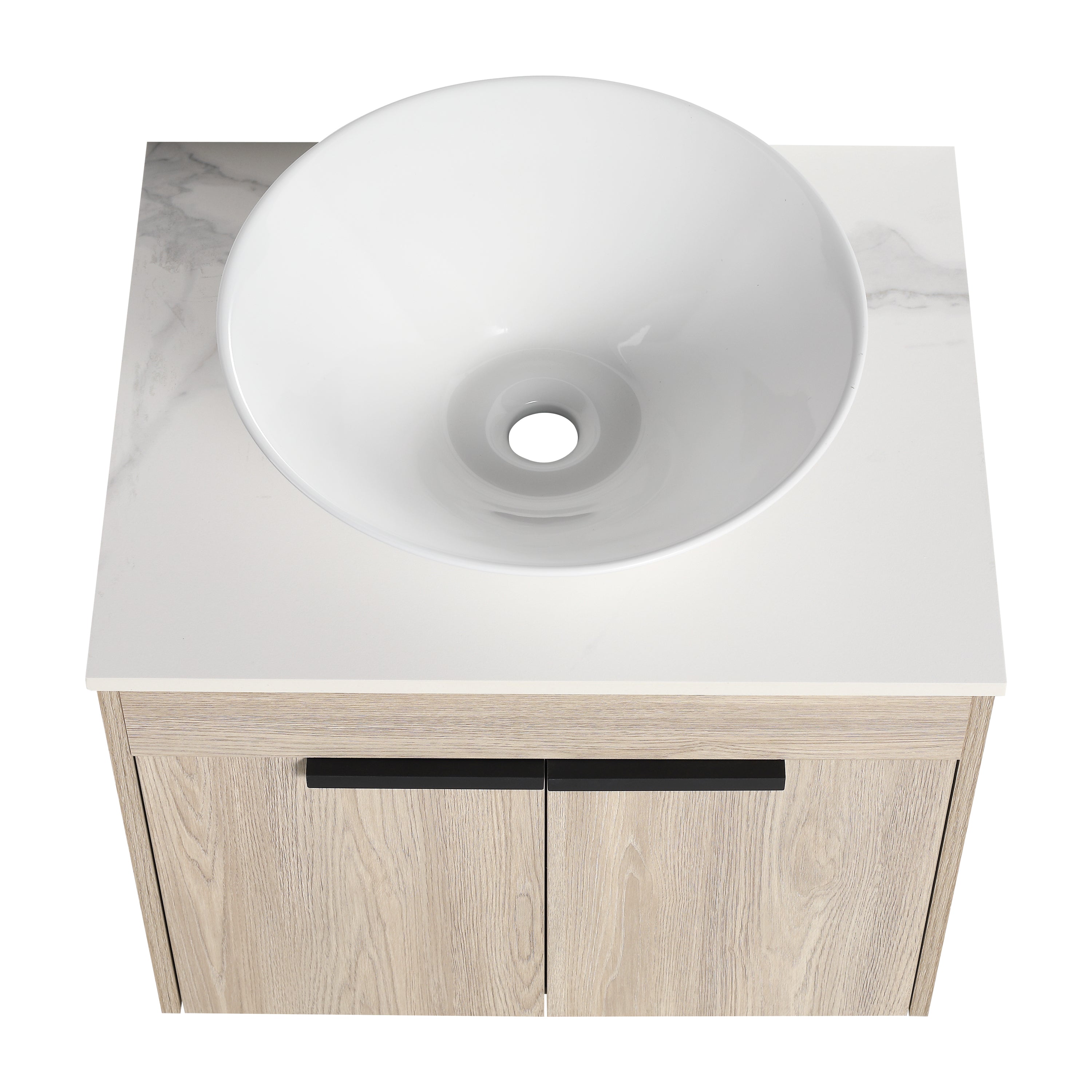 Wall-Mounted Bathroom Vanity in White Oak with White Ceramic Vessel Sink