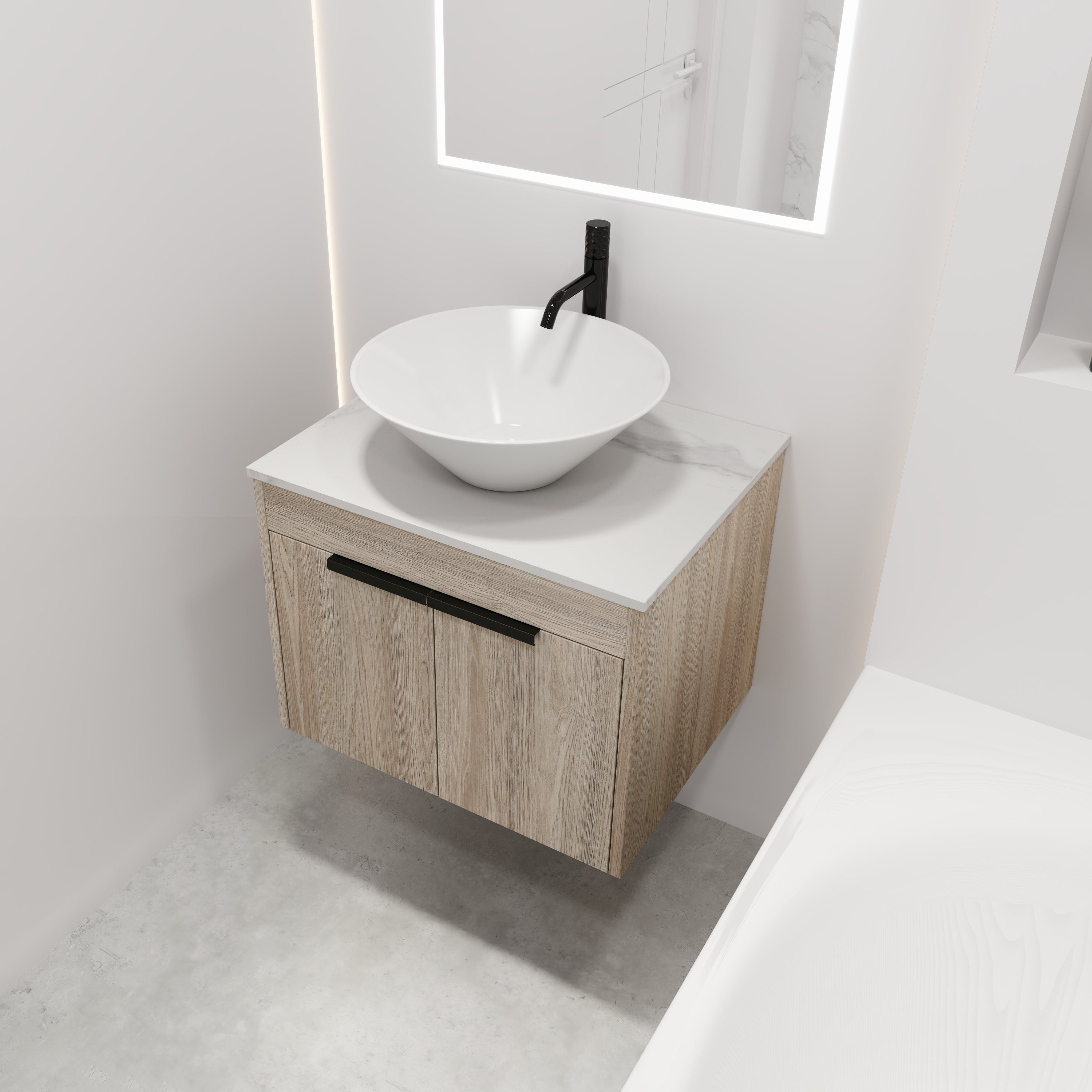 Wall-Mounted Bathroom Vanity in White Oak with White Ceramic Vessel Sink