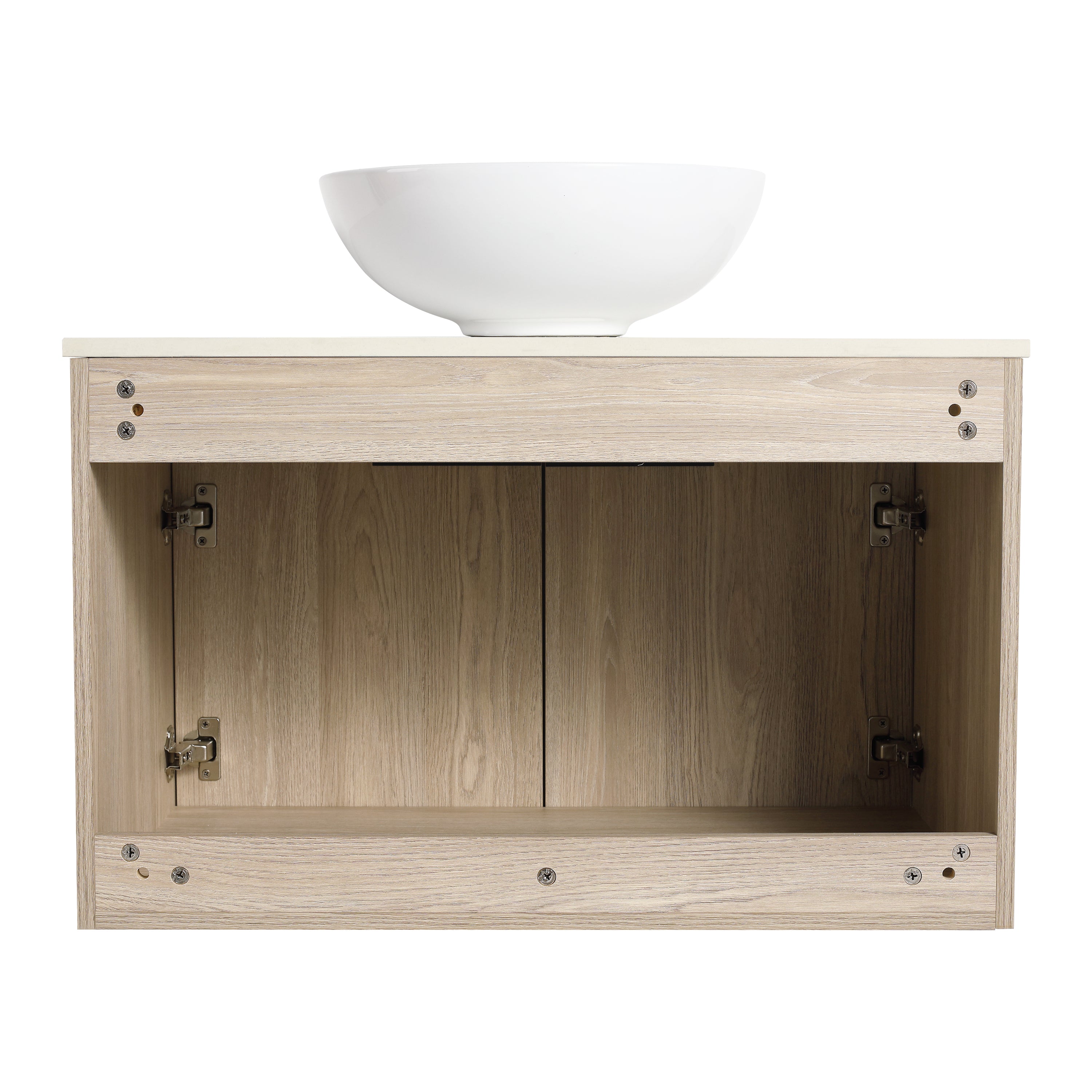 Wall-Mounted Bathroom Vanity in White Oak with White Ceramic Vessel Sink