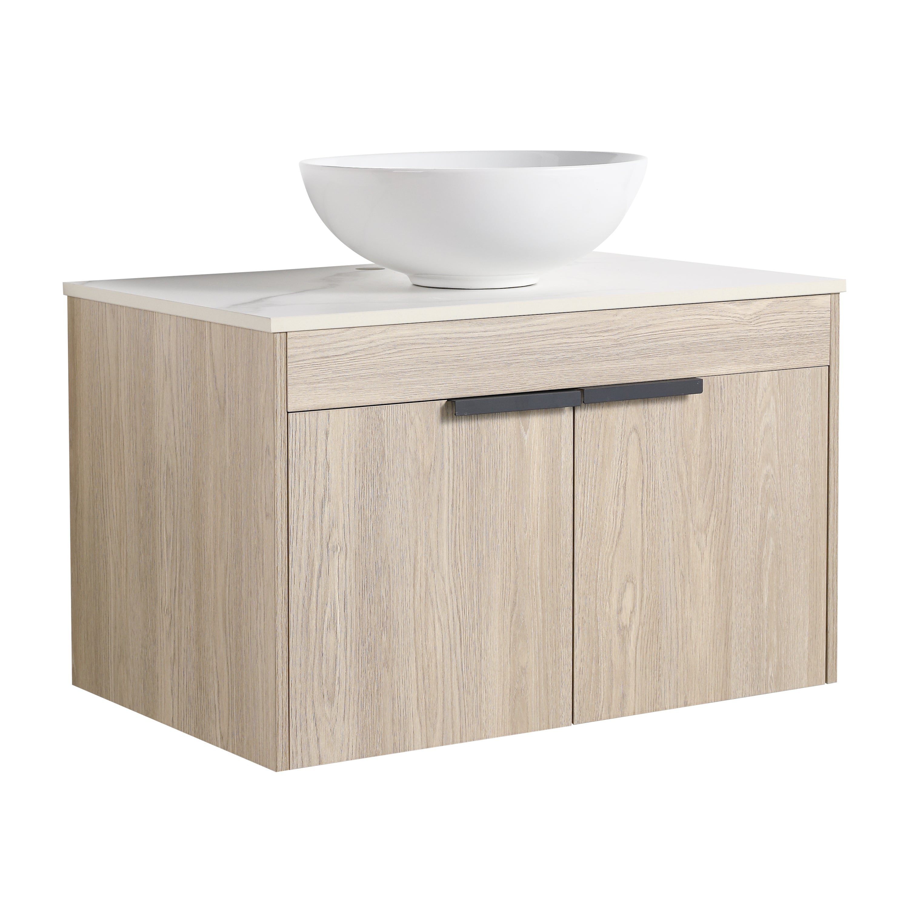 Wall-Mounted Bathroom Vanity in White Oak with White Ceramic Vessel Sink