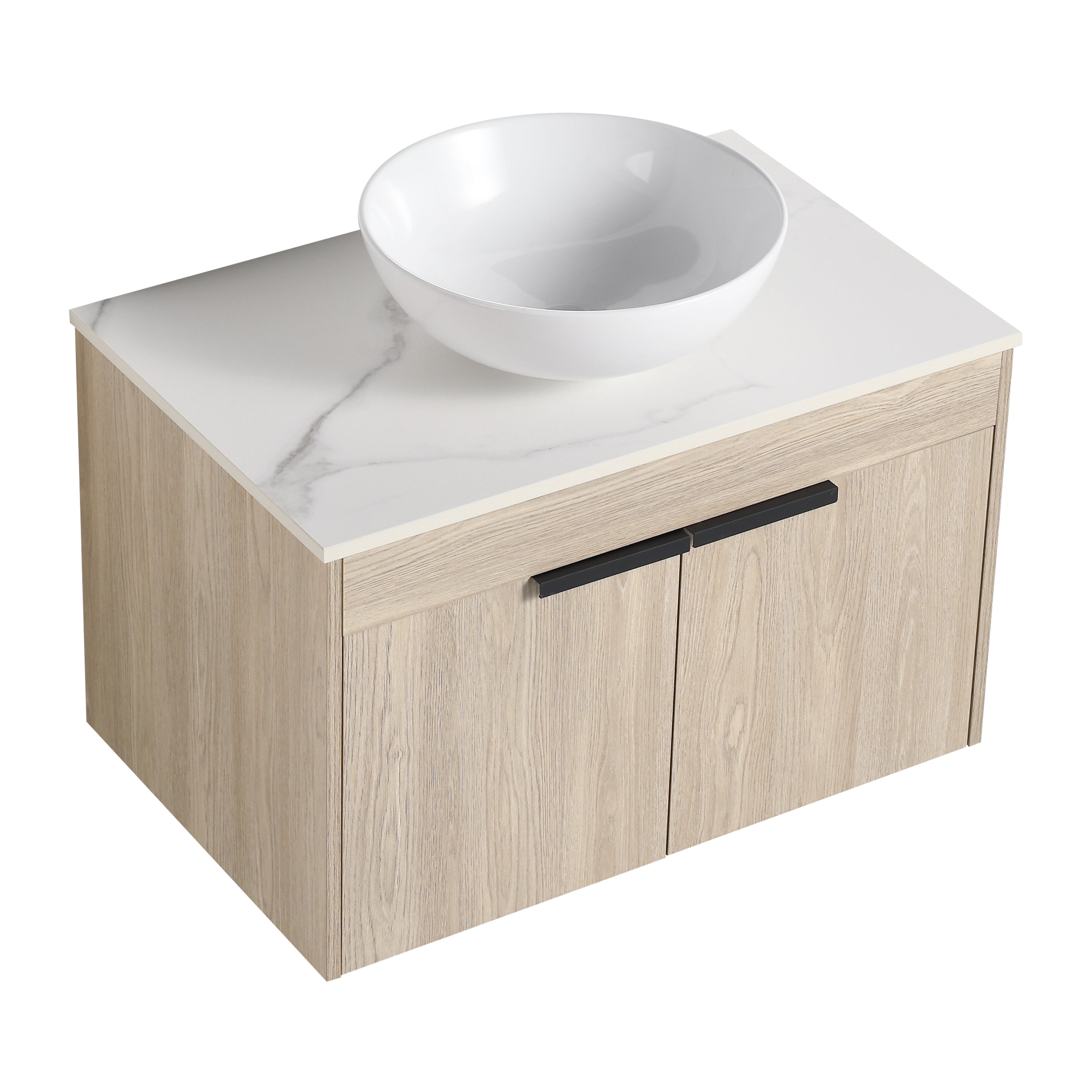 Wall-Mounted Bathroom Vanity in White Oak with White Ceramic Vessel Sink