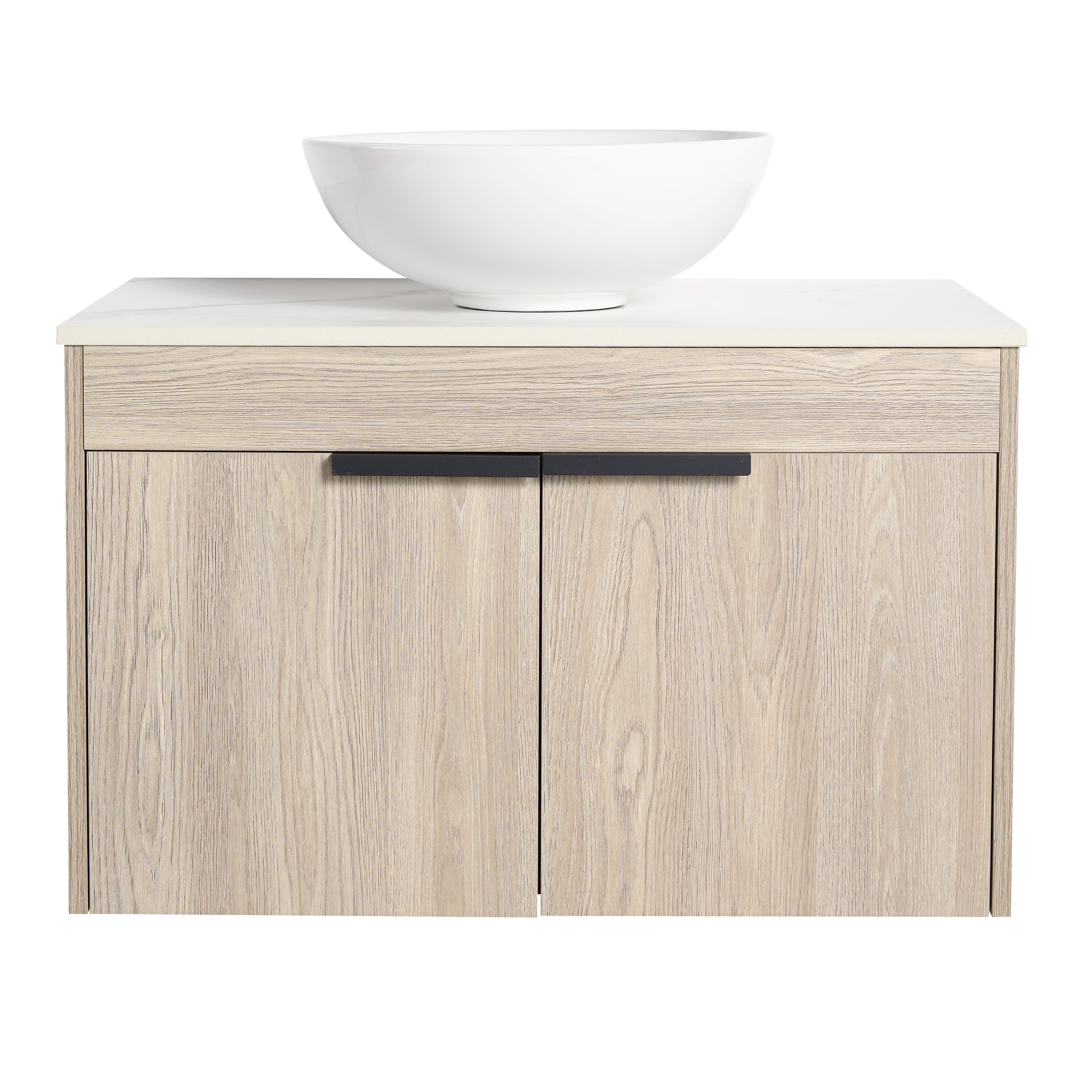 Wall-Mounted Bathroom Vanity in White Oak with White Ceramic Vessel Sink