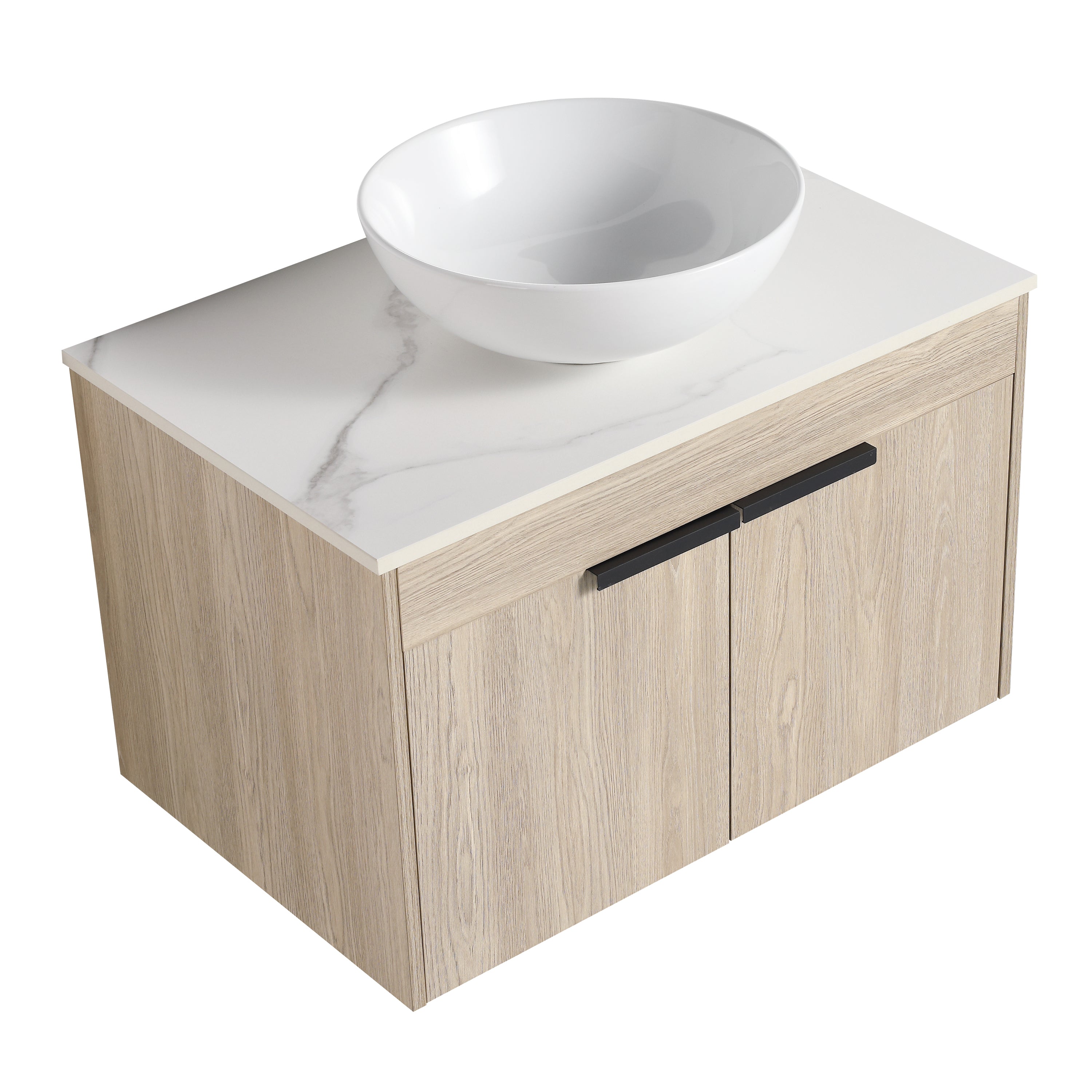 Wall-Mounted Bathroom Vanity in White Oak with White Ceramic Vessel Sink