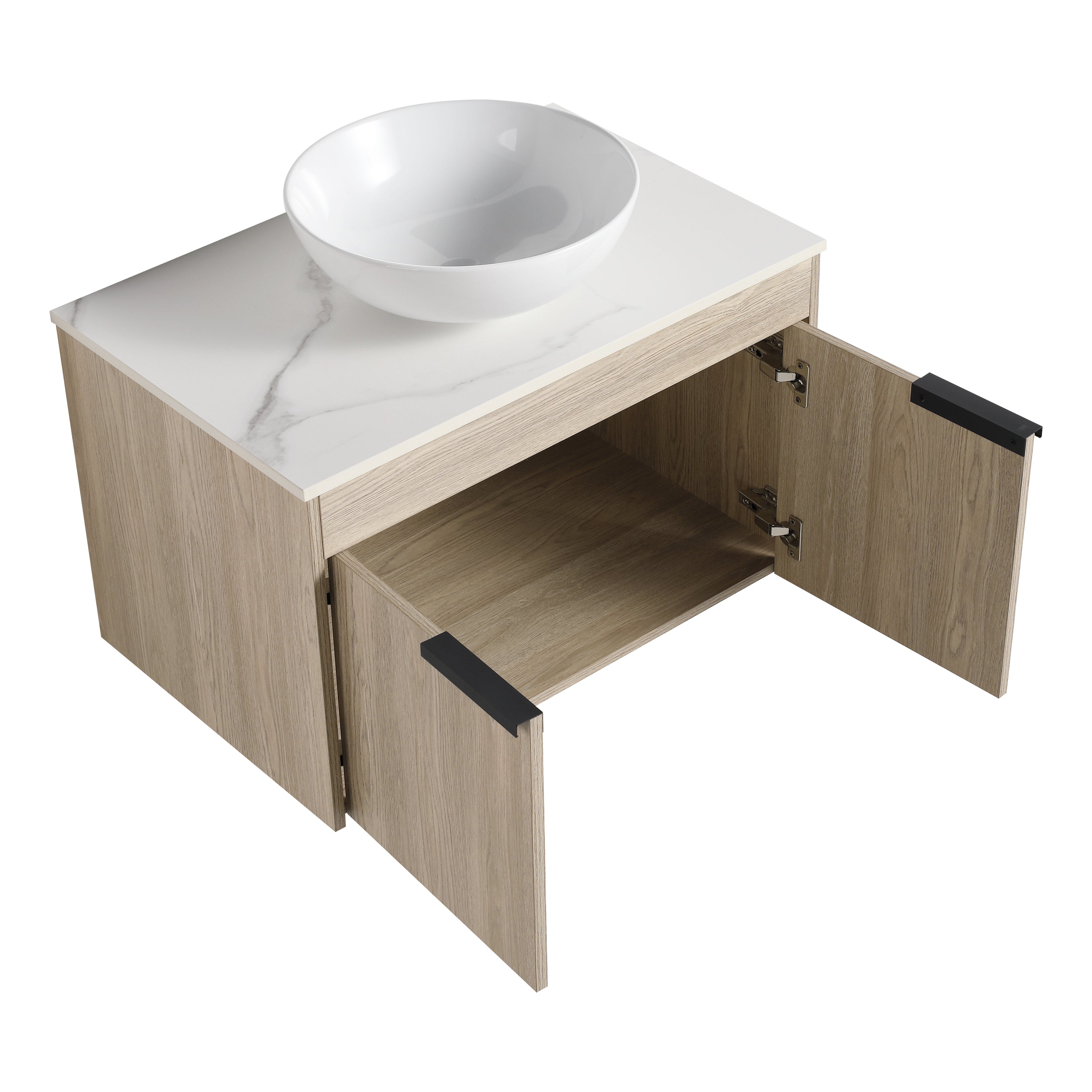 Wall-Mounted Bathroom Vanity in White Oak with White Ceramic Vessel Sink