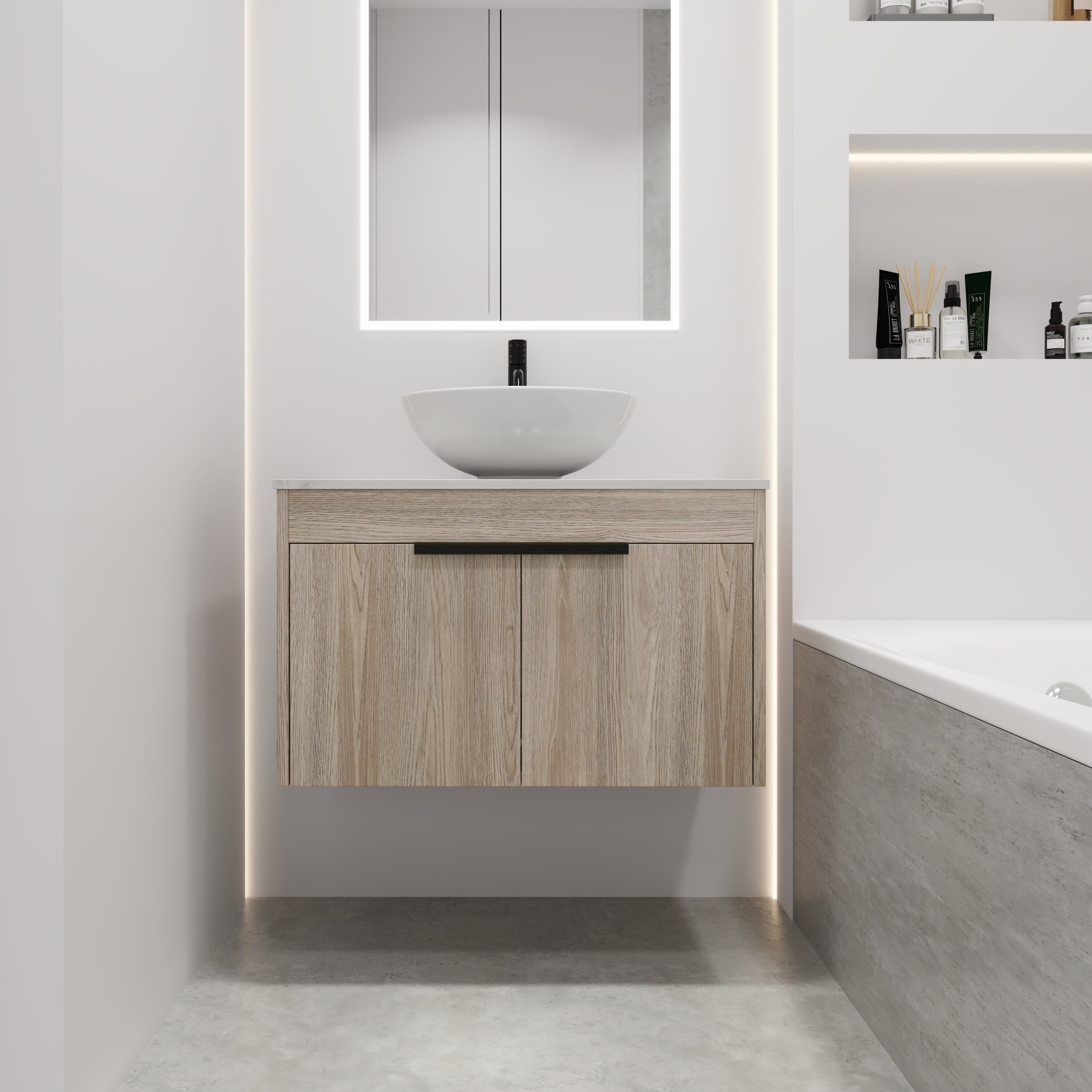 Wall-Mounted Bathroom Vanity in White Oak with White Ceramic Vessel Sink