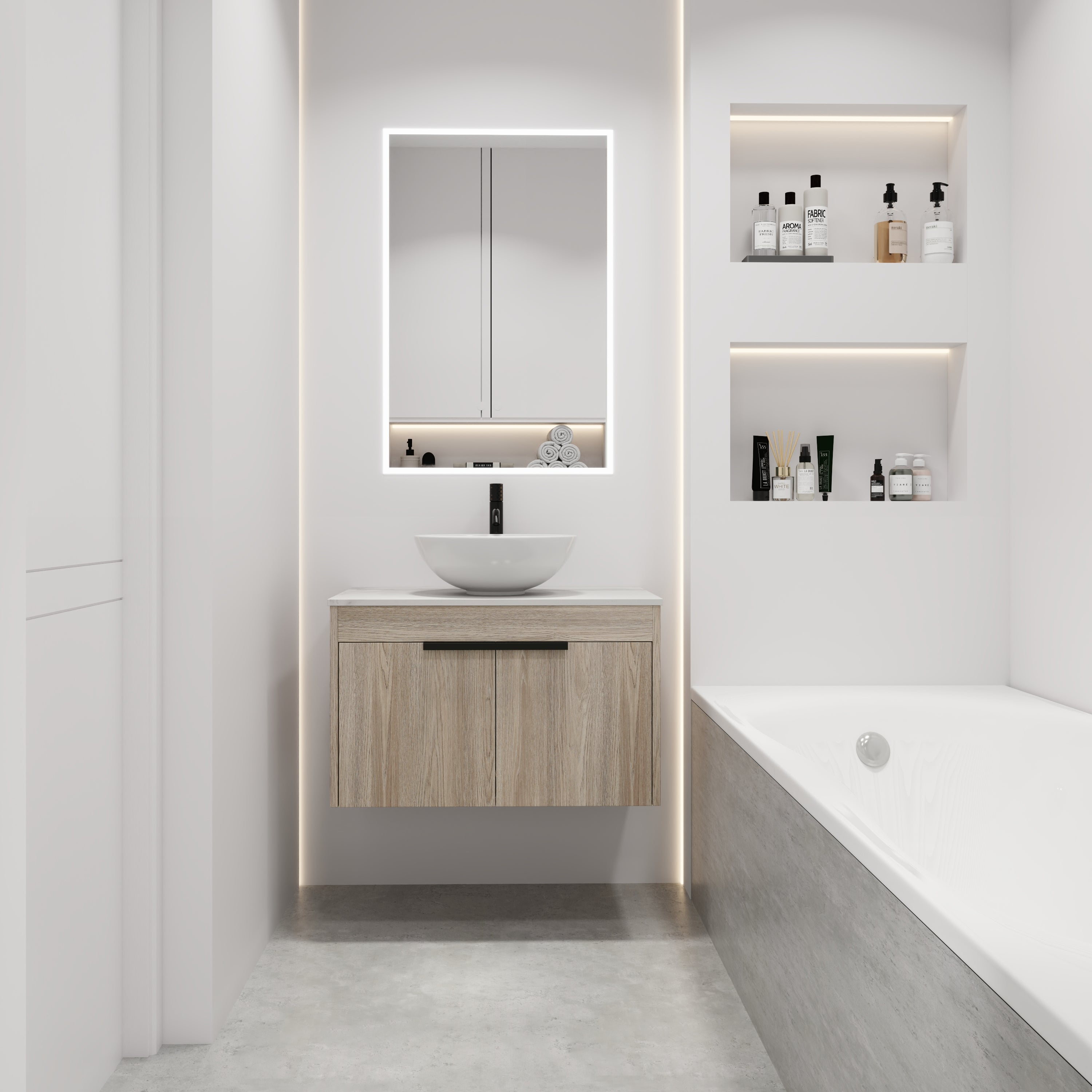 Wall-Mounted Bathroom Vanity in White Oak with White Ceramic Vessel Sink