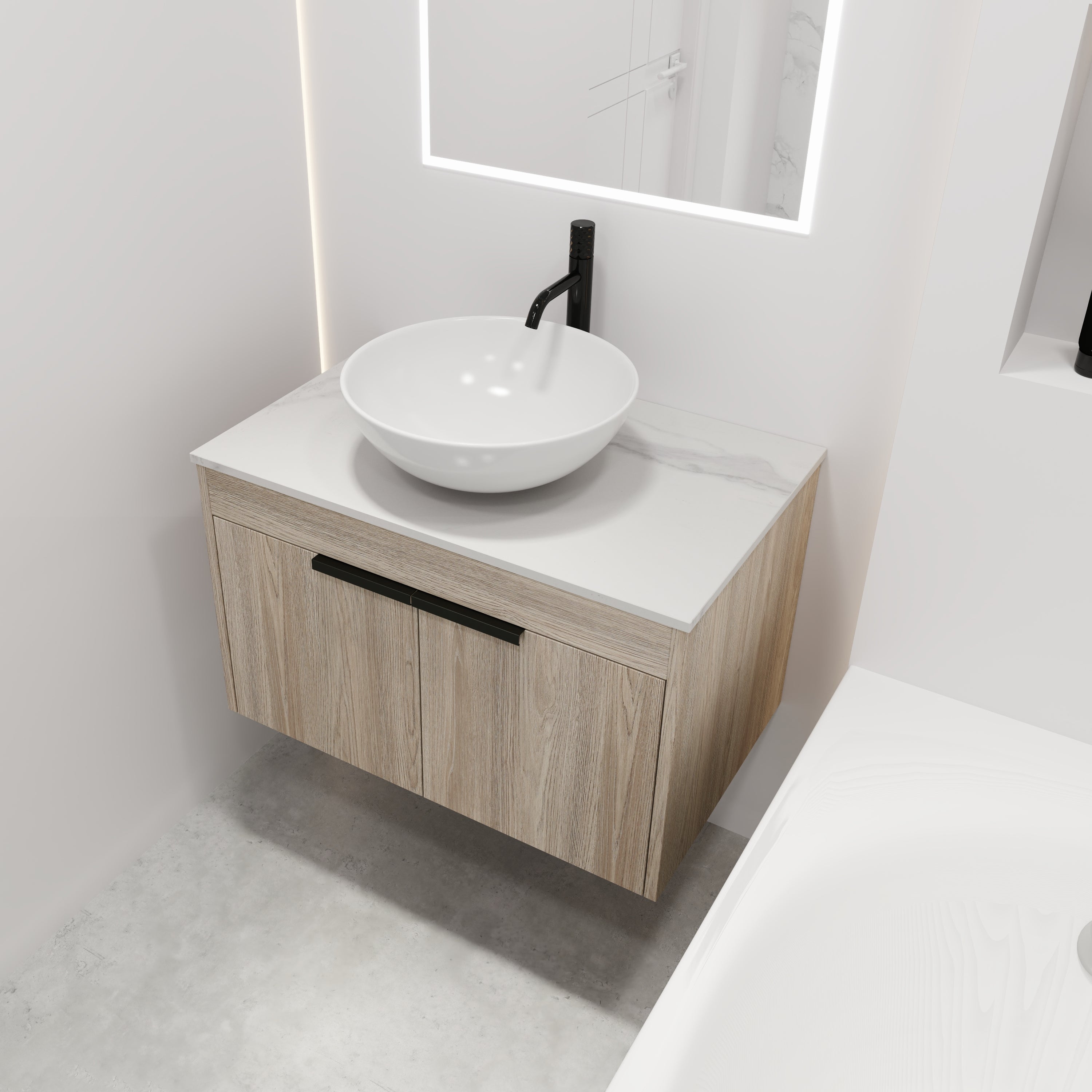 Wall-Mounted Bathroom Vanity in White Oak with White Ceramic Vessel Sink