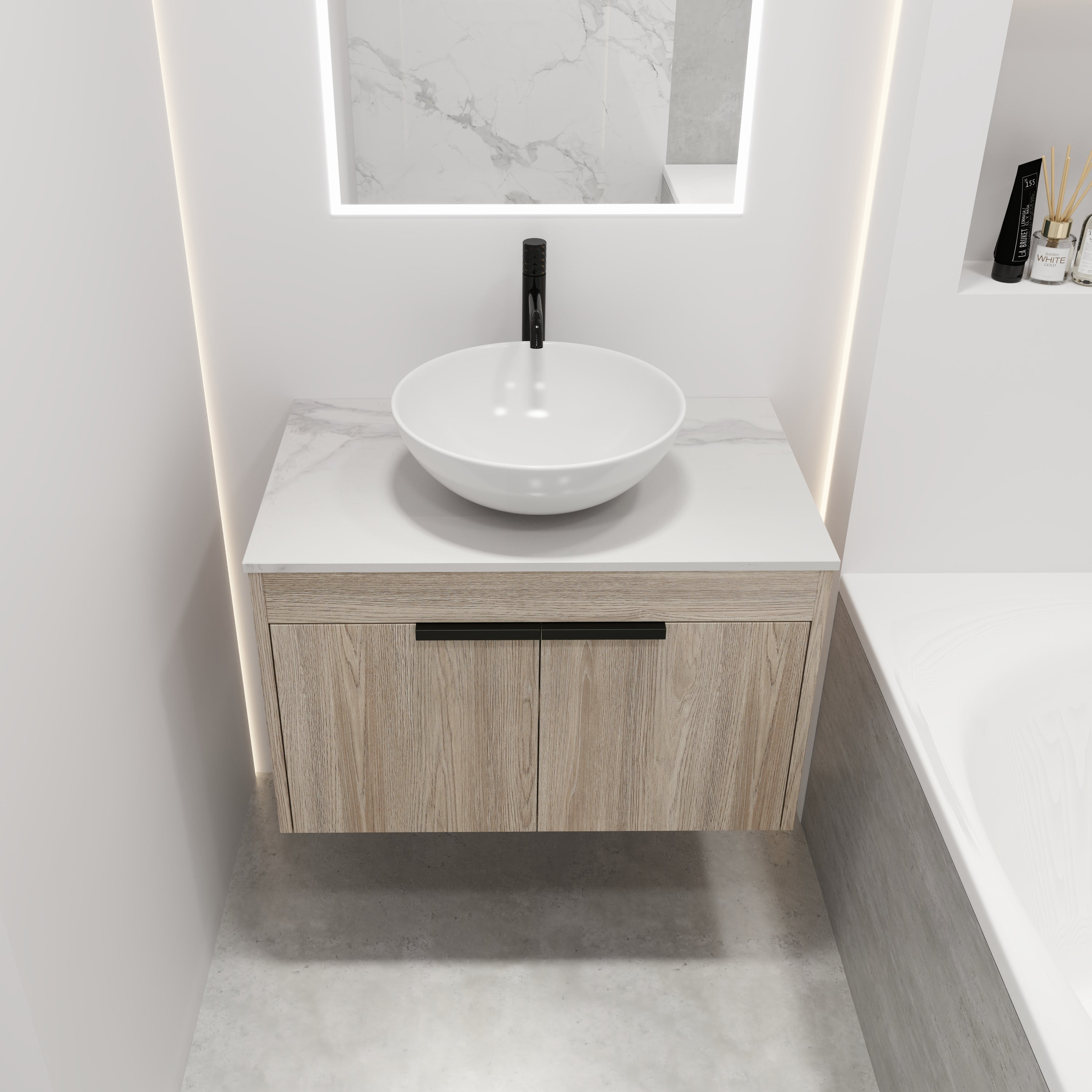 Wall-Mounted Bathroom Vanity in White Oak with White Ceramic Vessel Sink