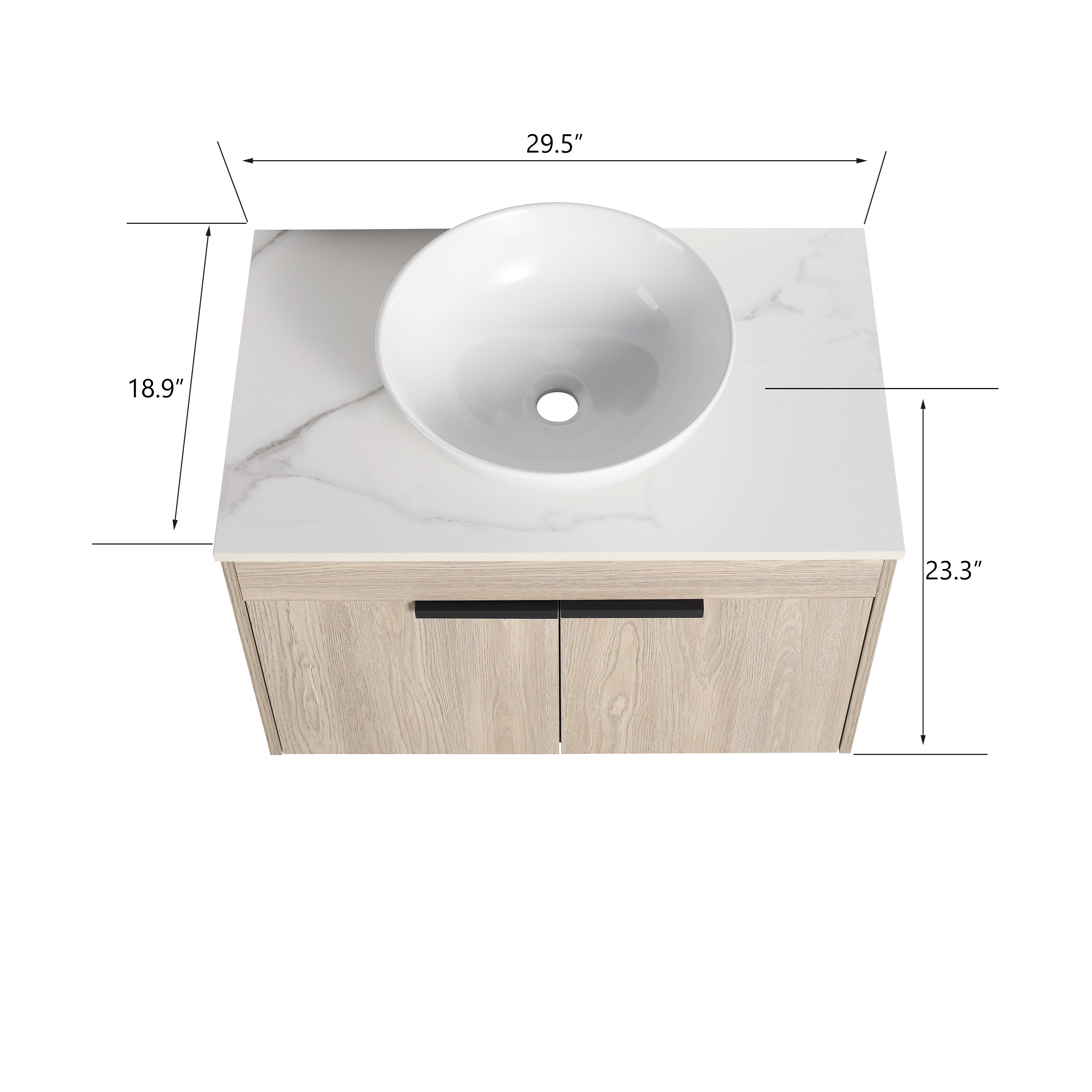 Wall-Mounted Bathroom Vanity in White Oak with White Ceramic Vessel Sink