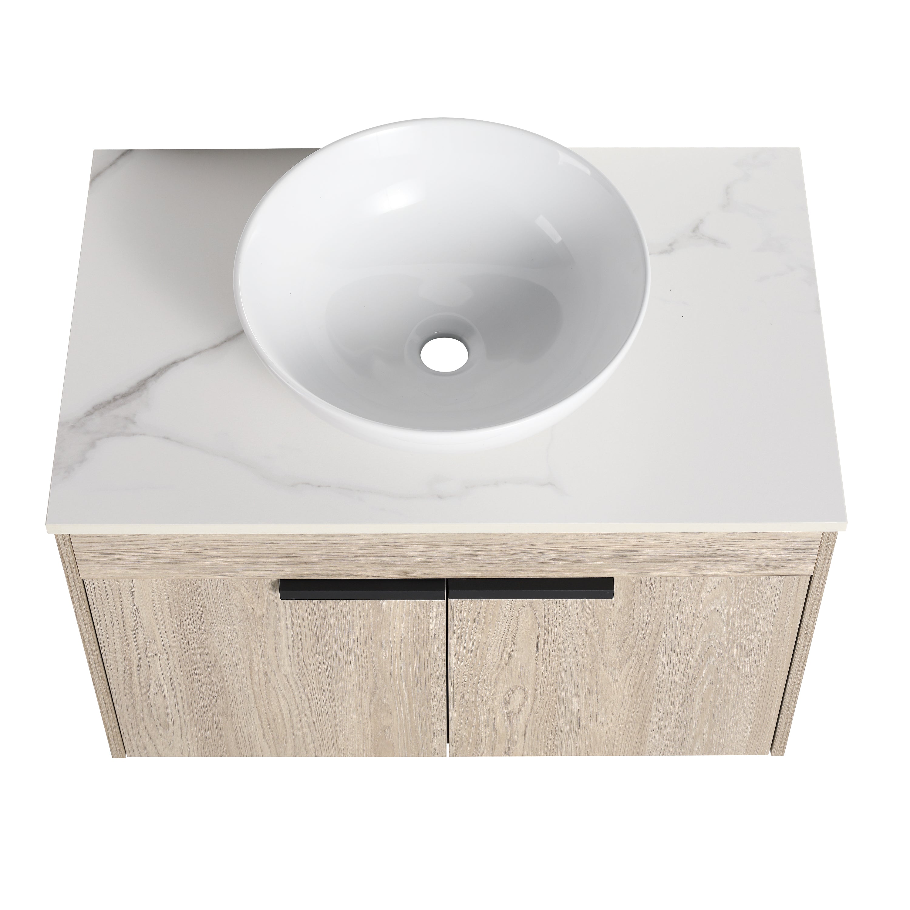 Wall-Mounted Bathroom Vanity in White Oak with White Ceramic Vessel Sink