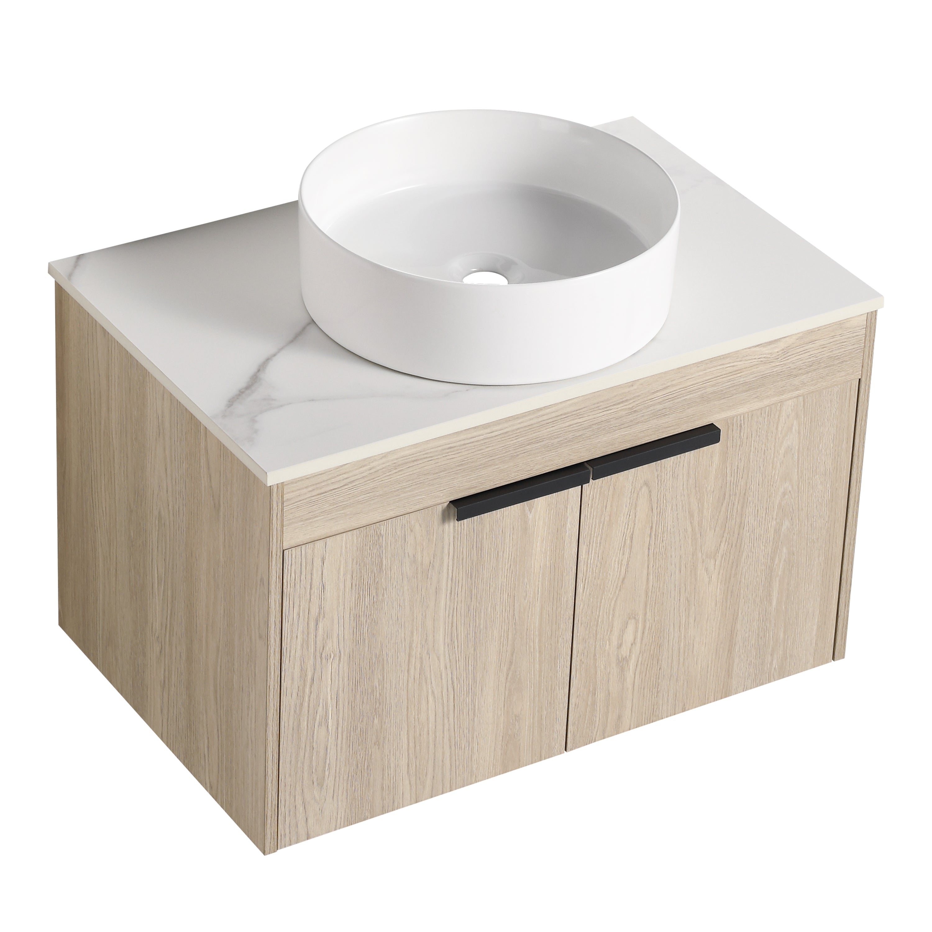 Wall-Mounted Bathroom Vanity in White Oak with White Ceramic Vessel Sink