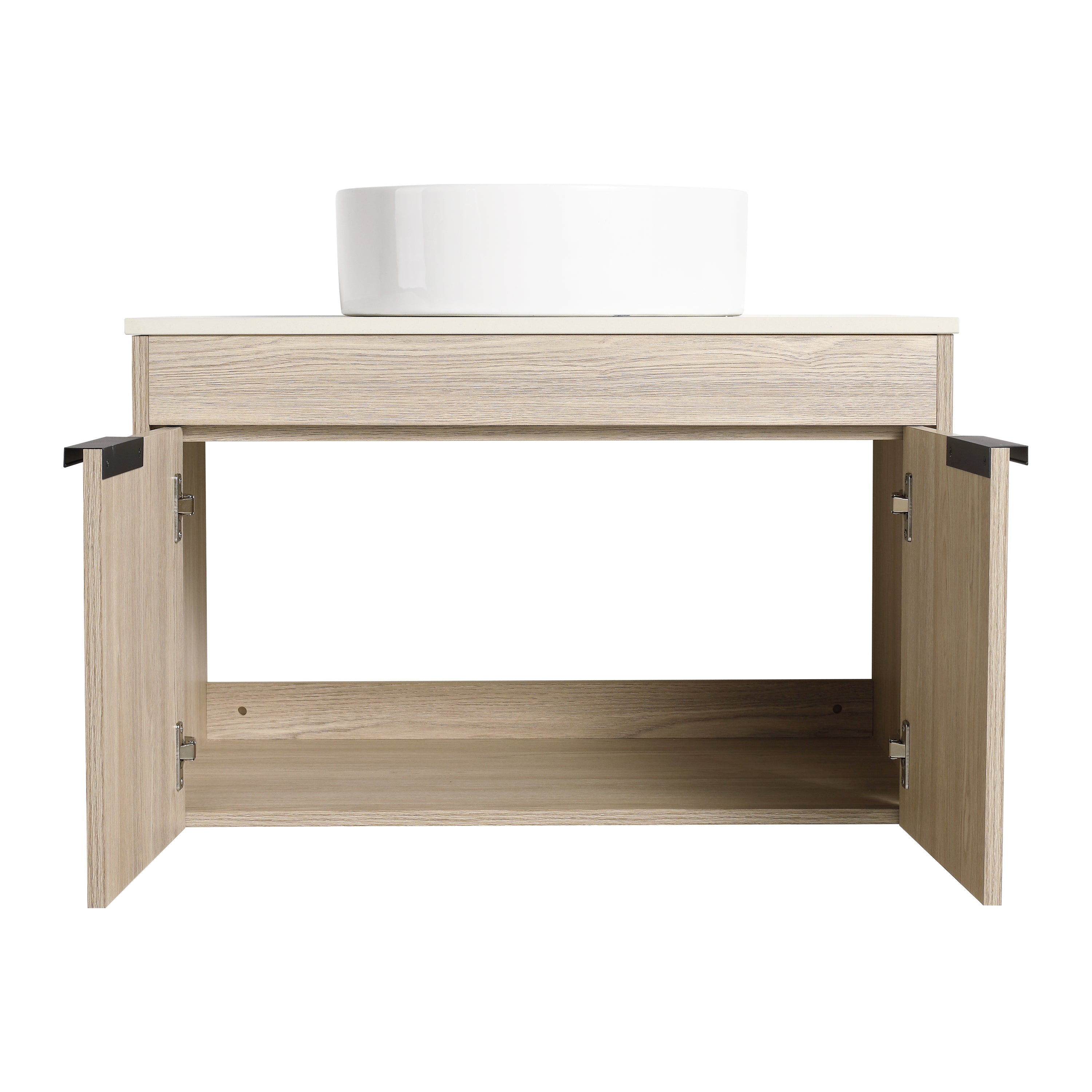 Wall-Mounted Bathroom Vanity in White Oak with White Ceramic Vessel Sink