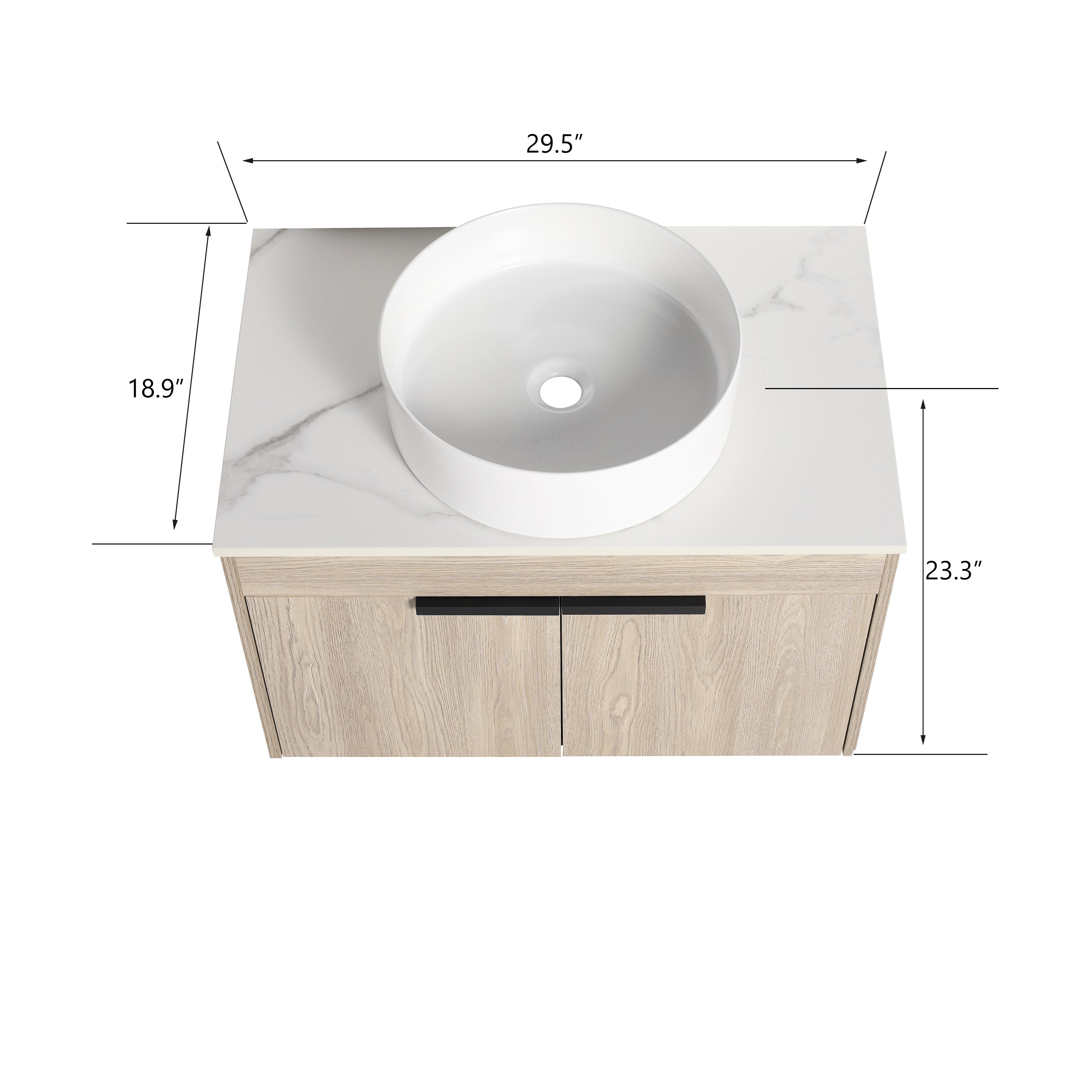 Wall-Mounted Bathroom Vanity in White Oak with White Ceramic Vessel Sink