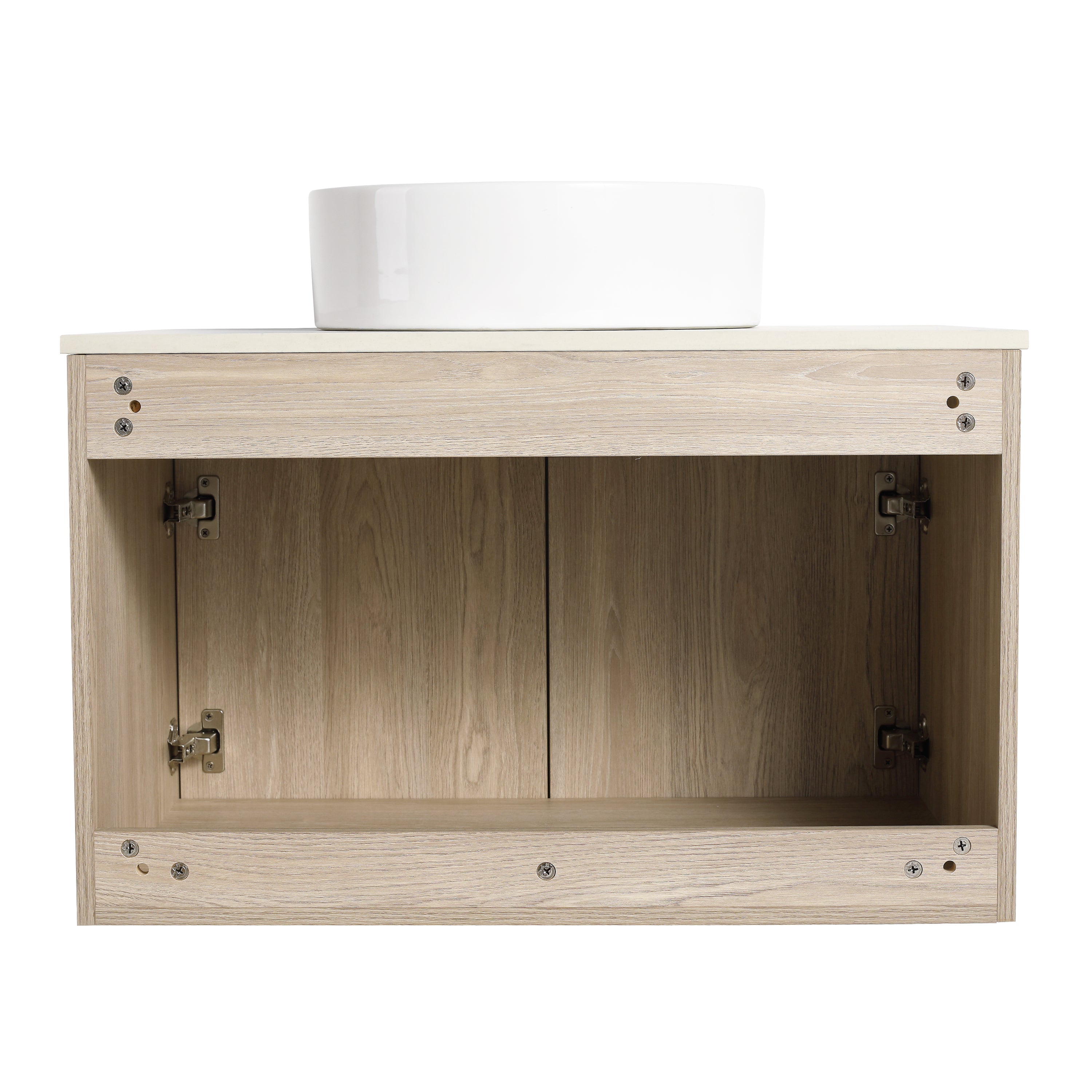 Wall-Mounted Bathroom Vanity in White Oak with White Ceramic Vessel Sink