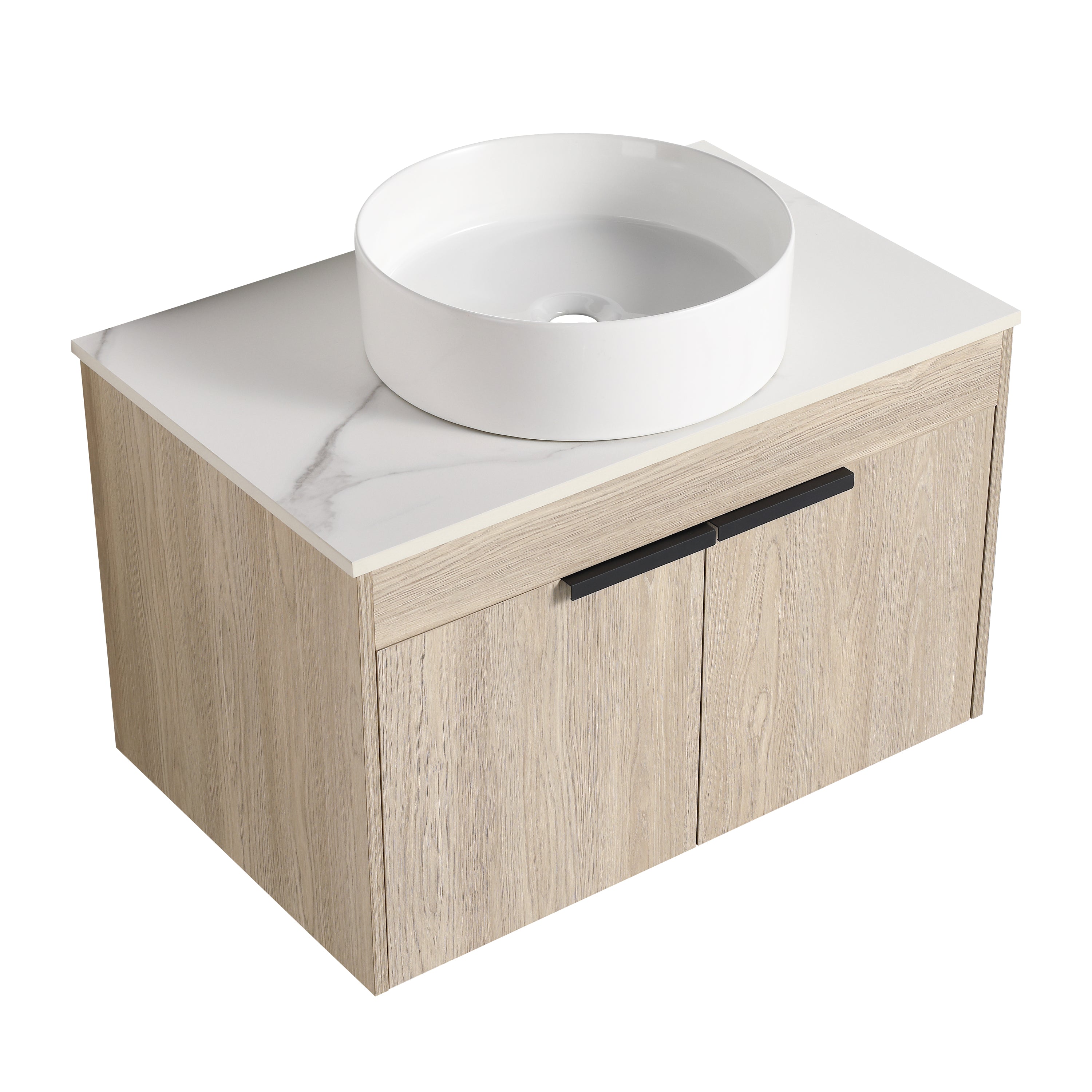 Wall-Mounted Bathroom Vanity in White Oak with White Ceramic Vessel Sink