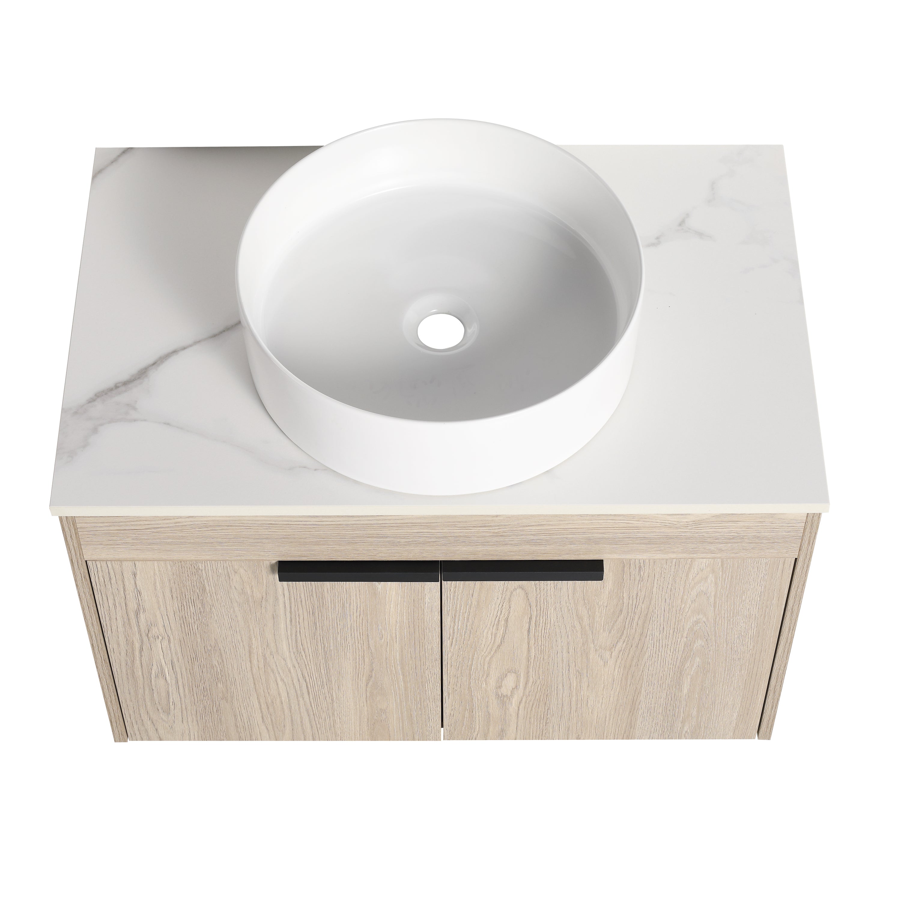 Wall-Mounted Bathroom Vanity in White Oak with White Ceramic Vessel Sink