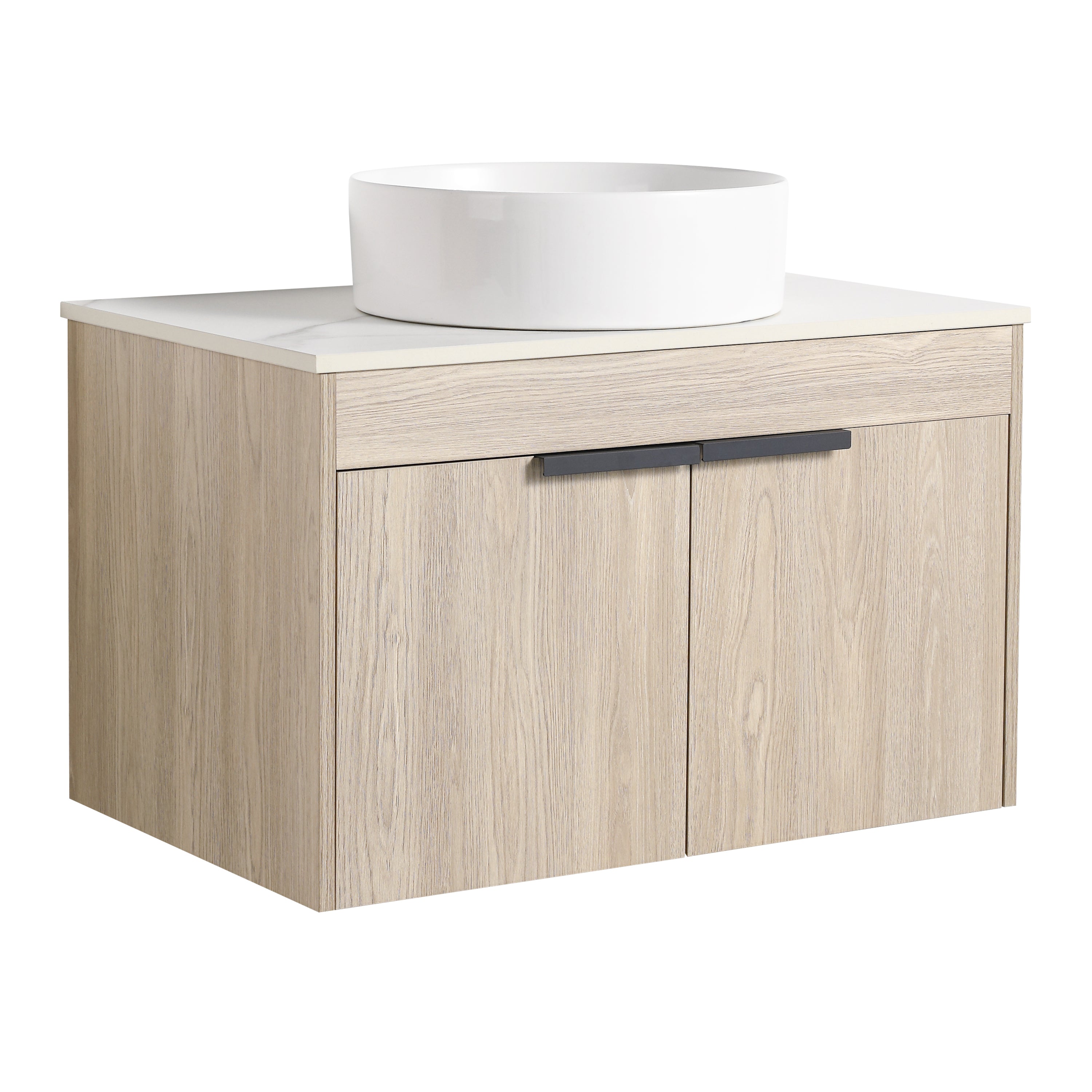 Wall-Mounted Bathroom Vanity in White Oak with White Ceramic Vessel Sink