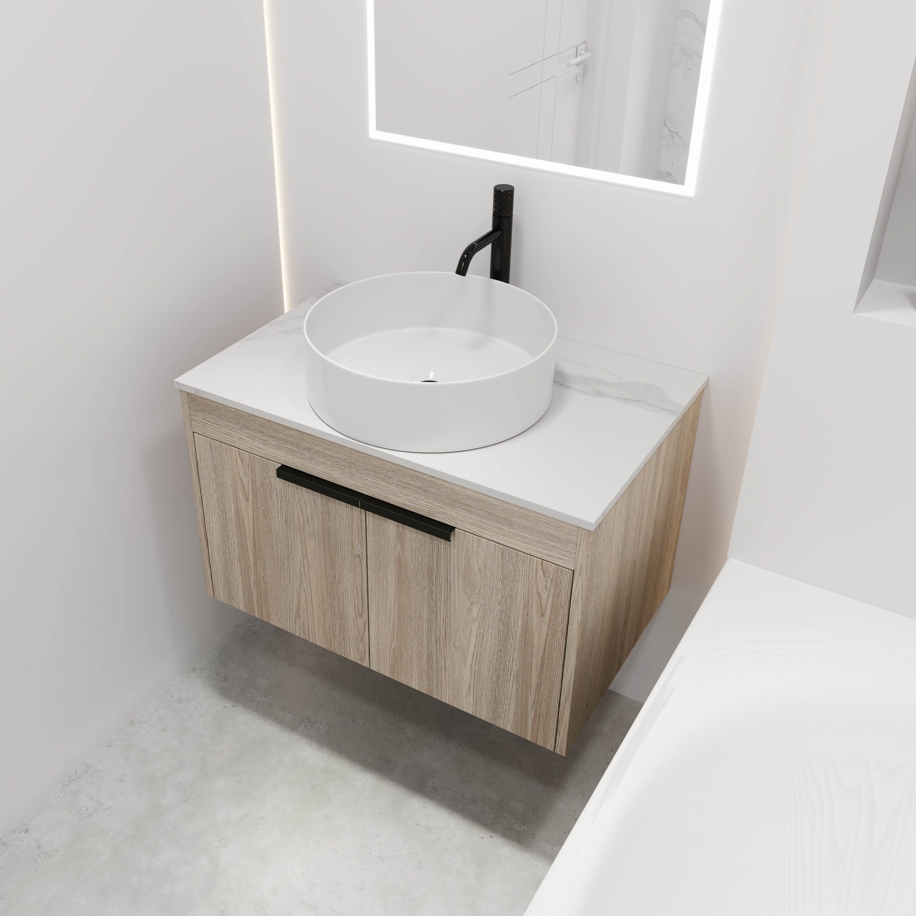 Wall-Mounted Bathroom Vanity in White Oak with White Ceramic Vessel Sink