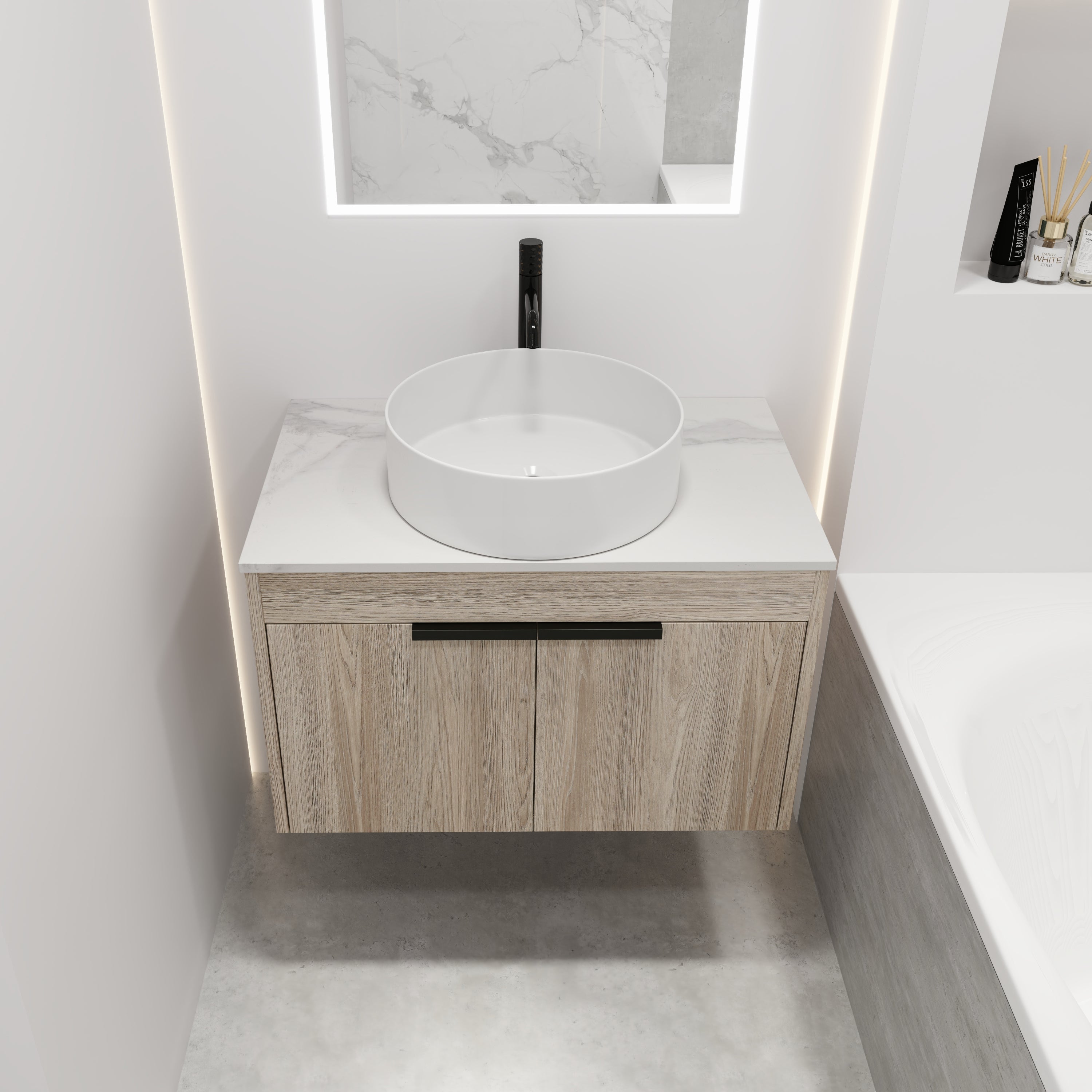 Wall-Mounted Bathroom Vanity in White Oak with White Ceramic Vessel Sink