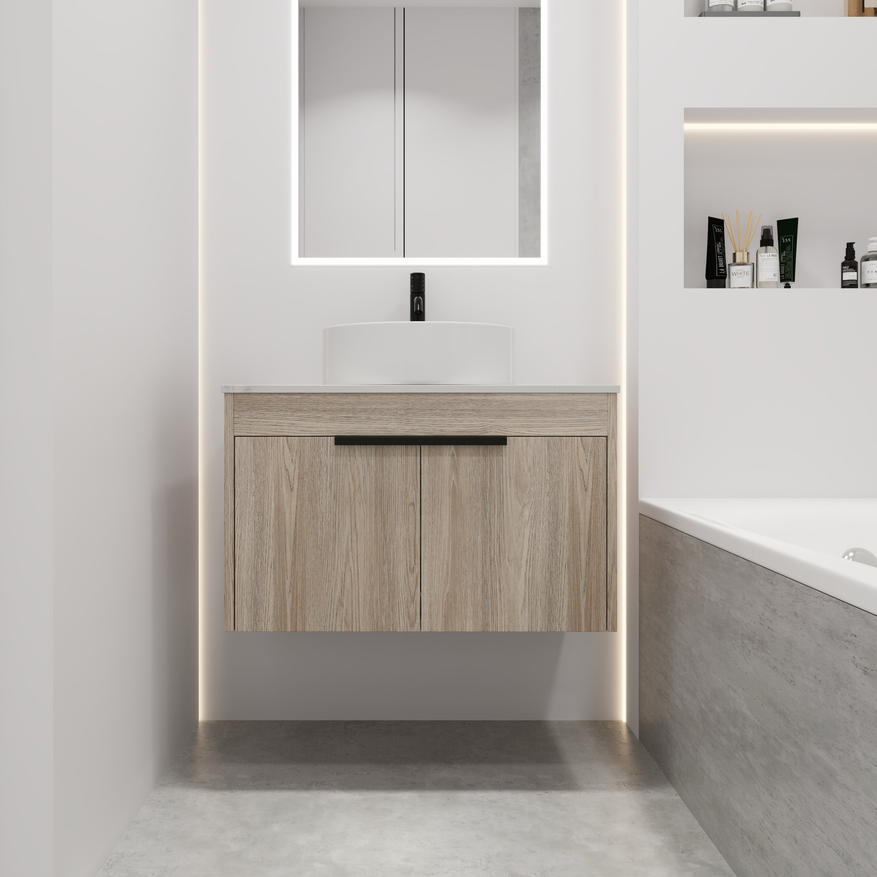 Wall-Mounted Bathroom Vanity in White Oak with White Ceramic Vessel Sink