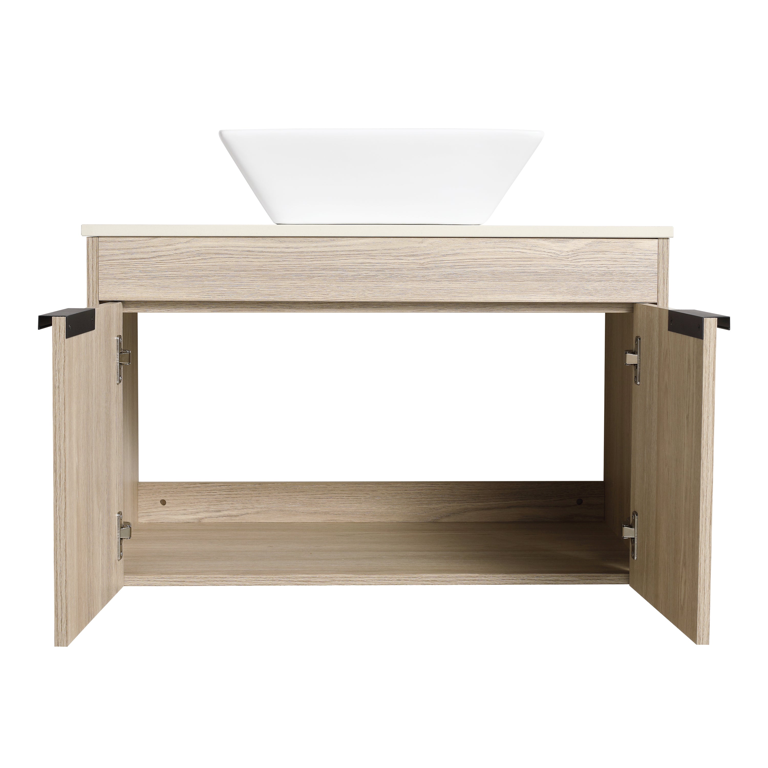 Wall-Mounted Bathroom Vanity in White Oak with White Ceramic Vessel Sink