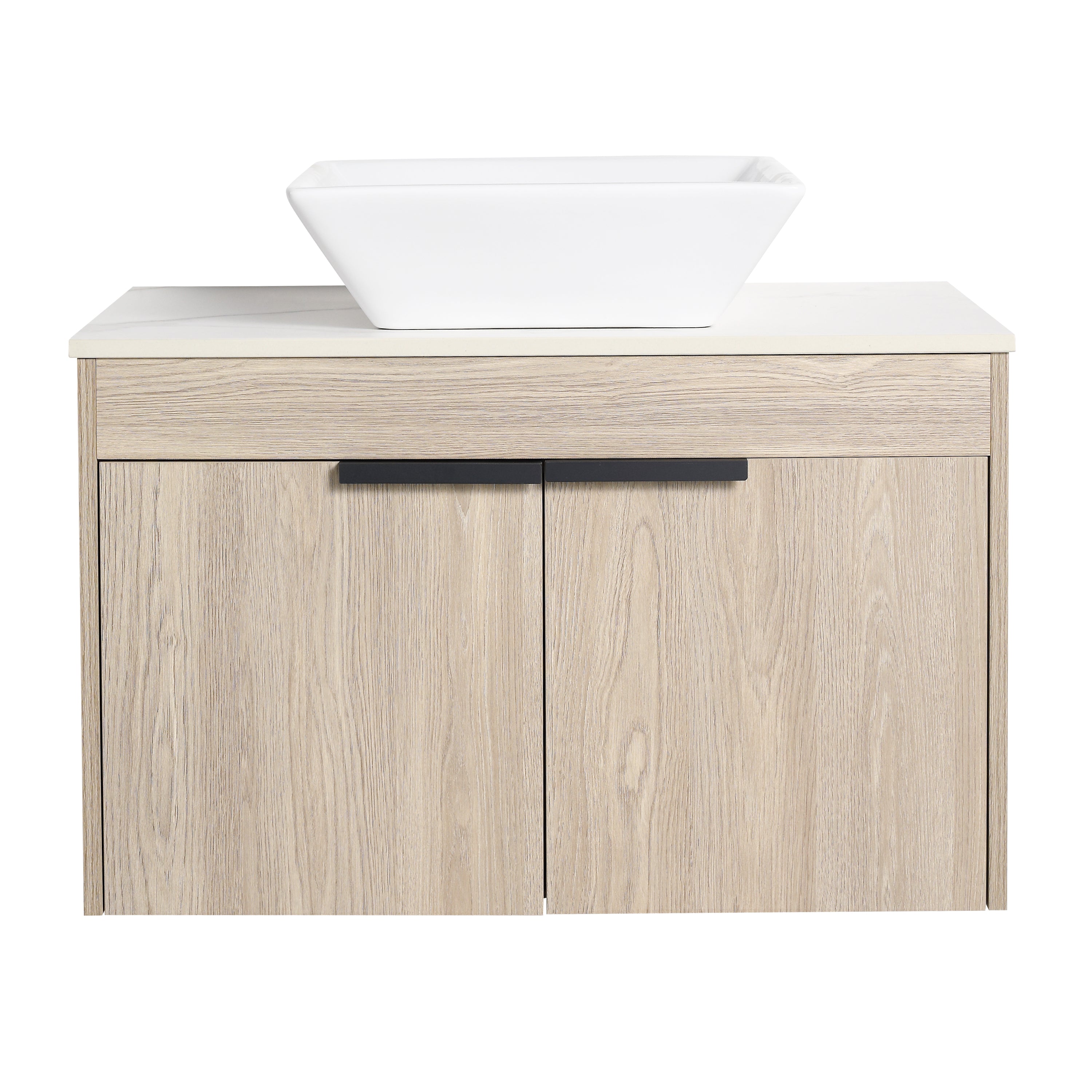 Wall-Mounted Bathroom Vanity in White Oak with White Ceramic Vessel Sink