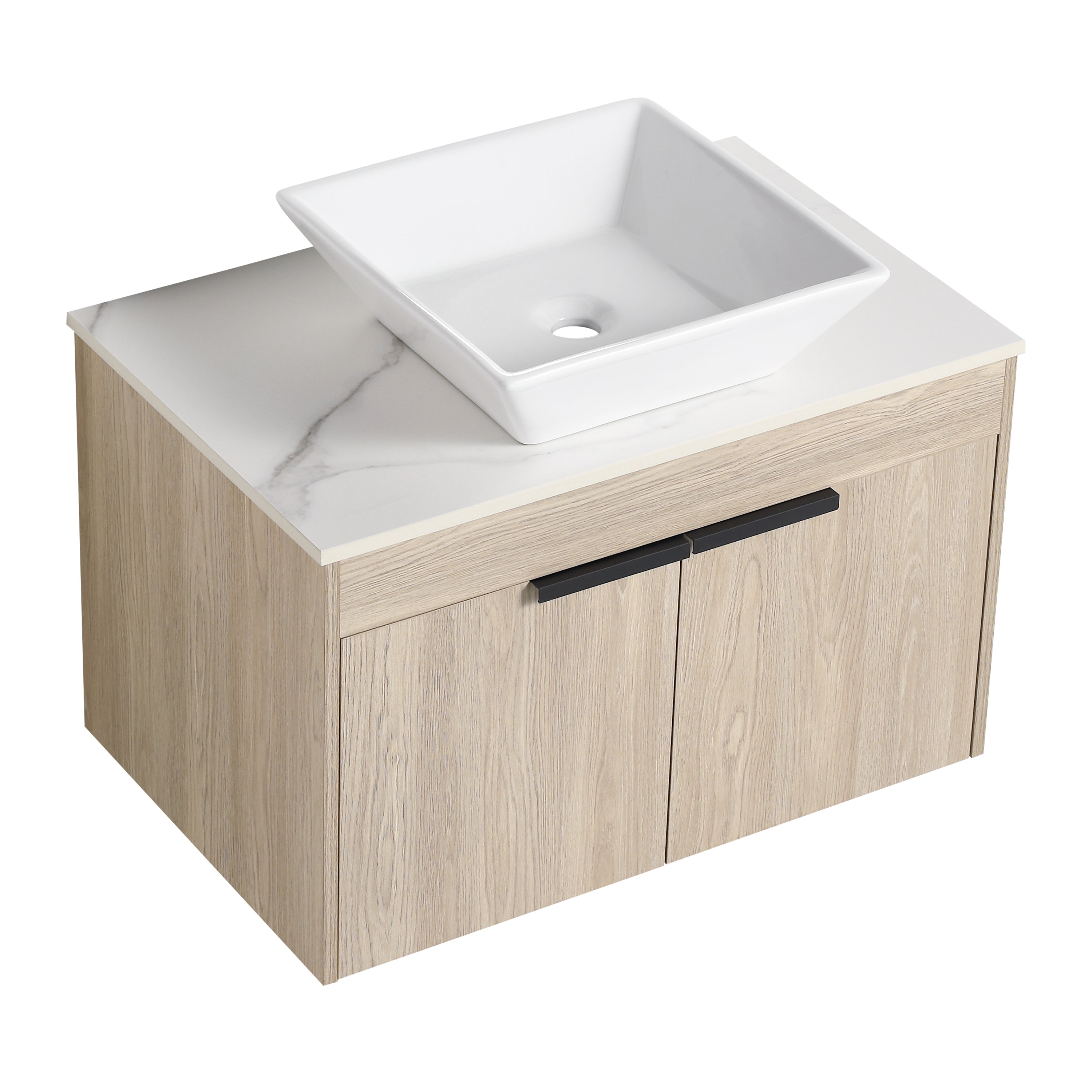 Wall-Mounted Bathroom Vanity in White Oak with White Ceramic Vessel Sink