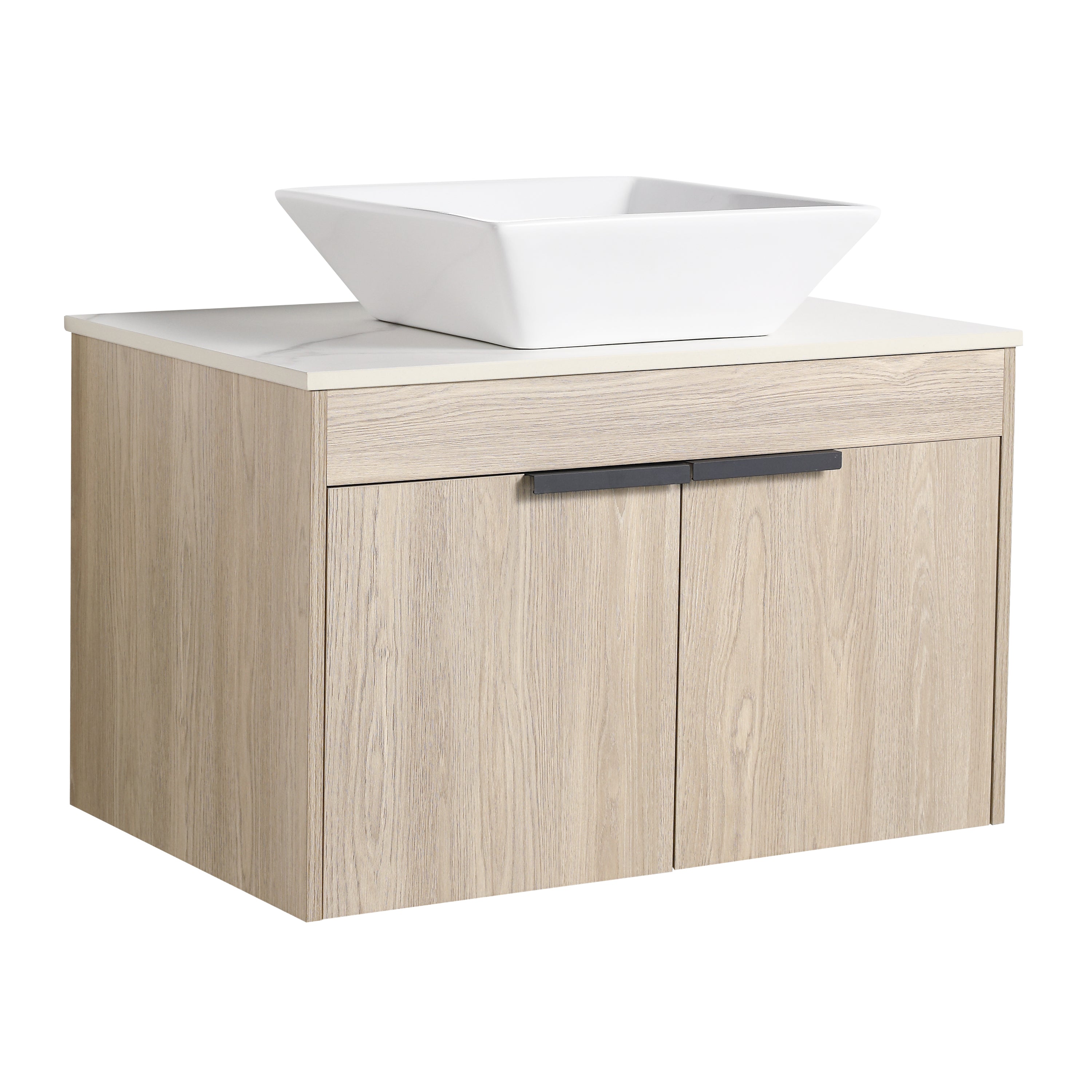 Wall-Mounted Bathroom Vanity in White Oak with White Ceramic Vessel Sink