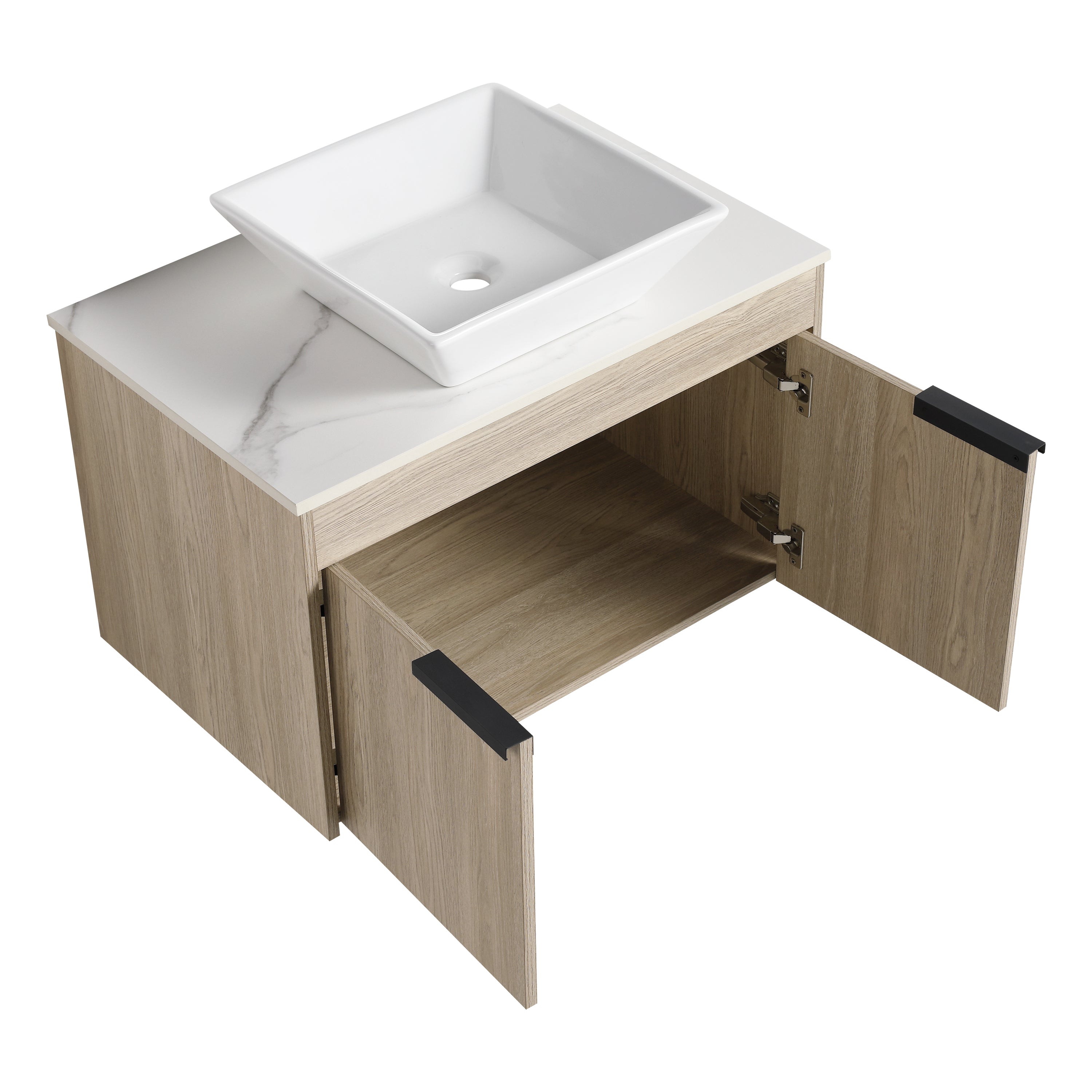 Wall-Mounted Bathroom Vanity in White Oak with White Ceramic Vessel Sink