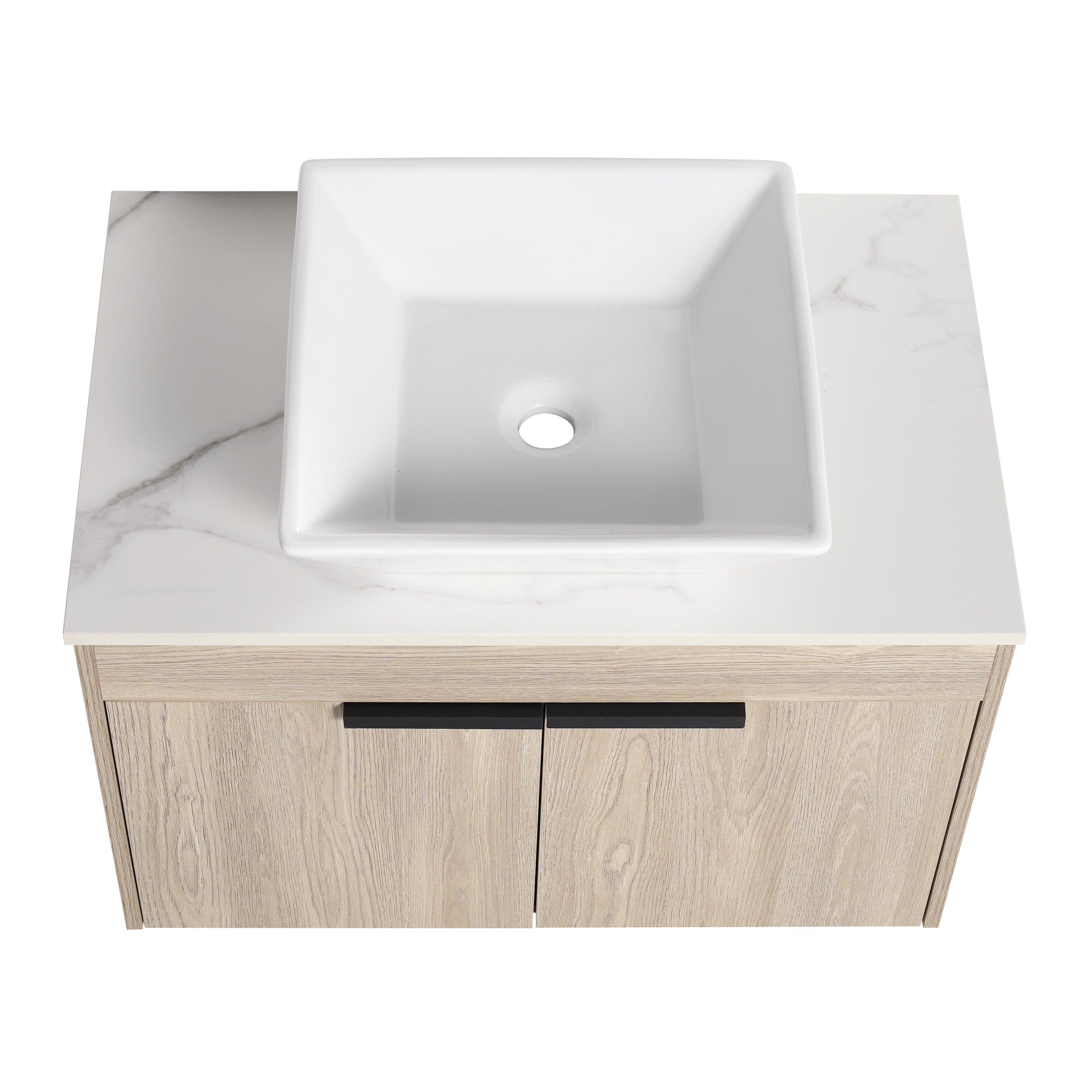 Wall-Mounted Bathroom Vanity in White Oak with White Ceramic Vessel Sink