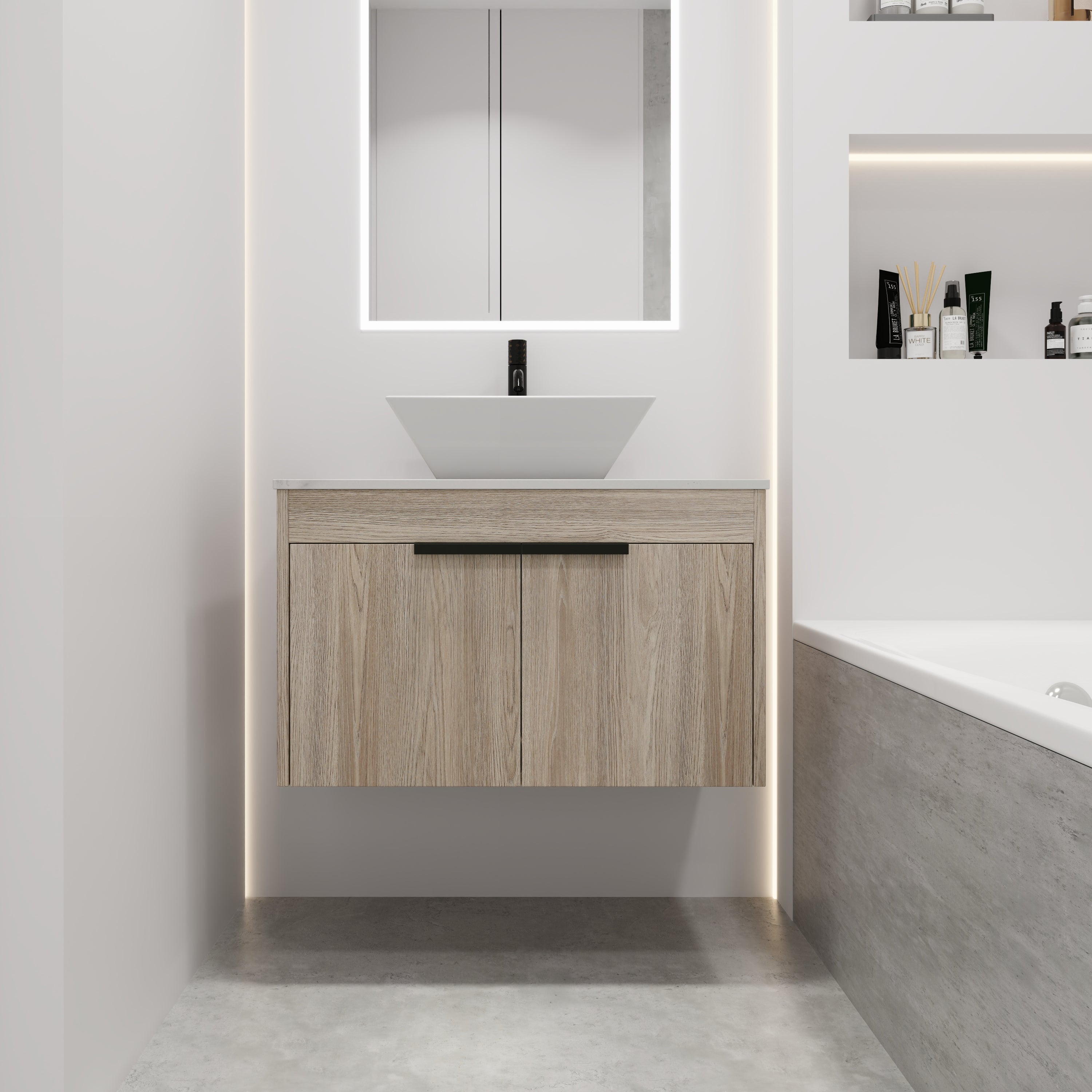 Wall-Mounted Bathroom Vanity in White Oak with White Ceramic Vessel Sink