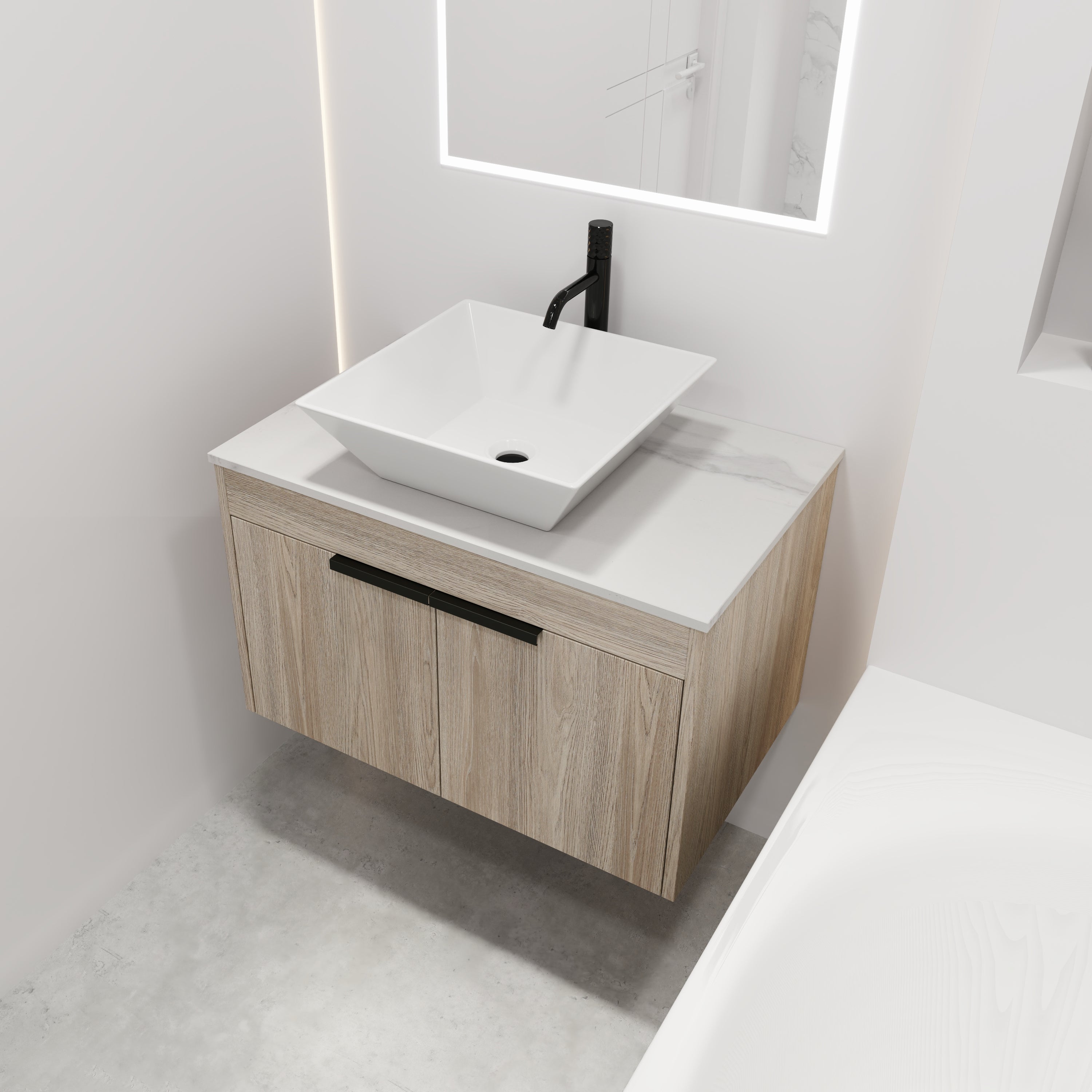 Wall-Mounted Bathroom Vanity in White Oak with White Ceramic Vessel Sink